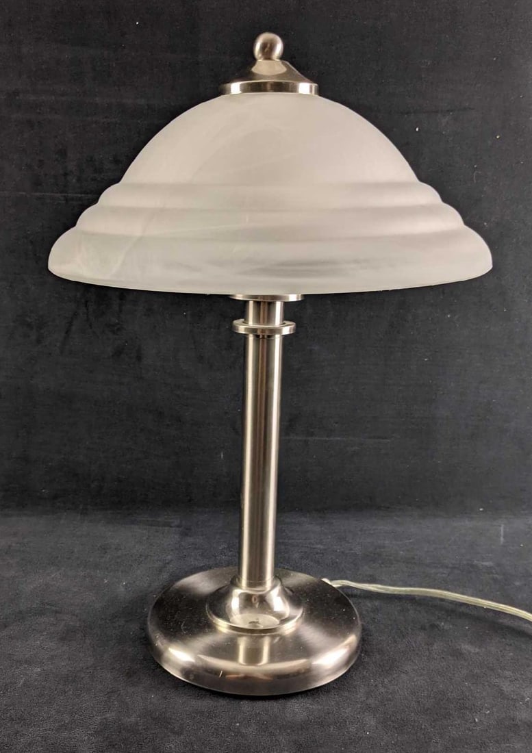 Chrome Lamp with Frosted Glass Lamp Shade: Chrome Lamp with Frosted Glass Lamp Shade This chrome lamp with a frosted glass shade is in good working condition with no known damage. This lamp is a nice modern design. 6.2lbs 19in tall shade