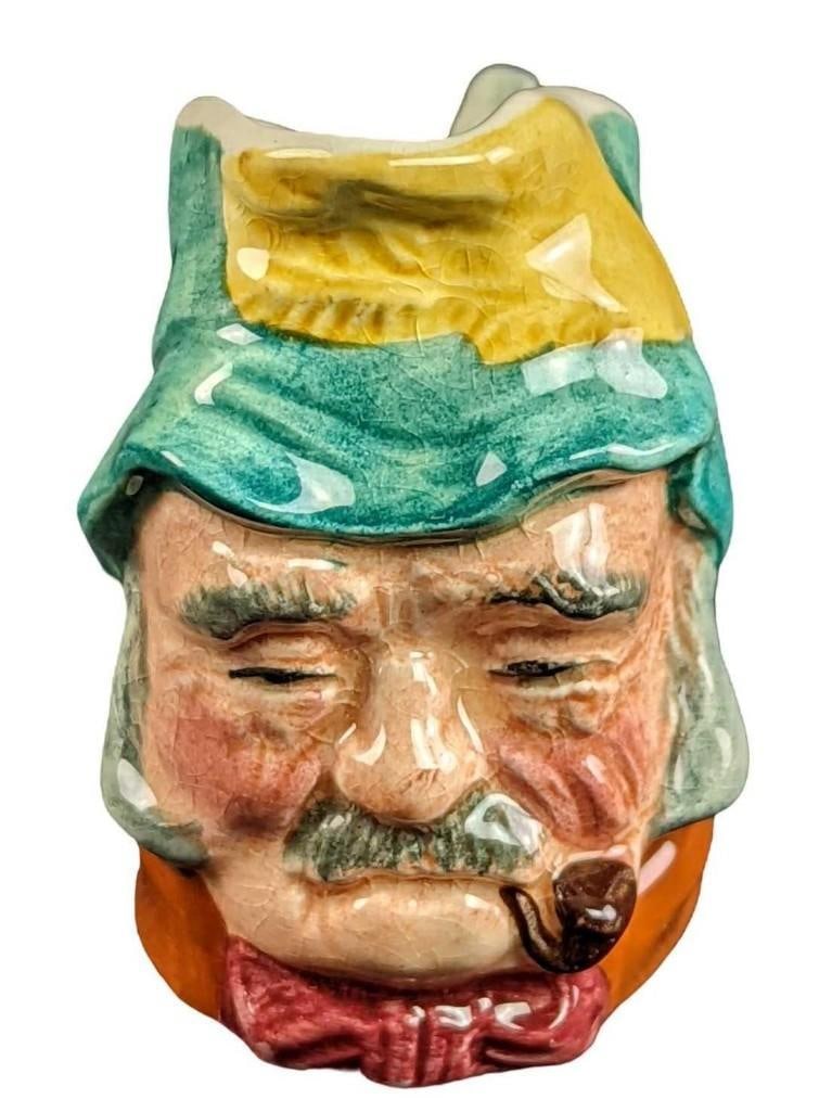 Sylvac Ceramics Gaffer Toby Mug Creamer Pitcher: Sylvac Ceramic's "Toby Mug" of the Gaffer character creamer. Made in Staffordshire, England. Hand-painted ceramic. Is approx 2" x 3" x 2 1/2" and it weighs 0.13lb. The creamer is in good, vintage