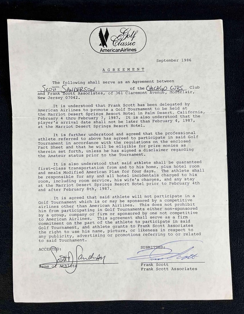 Scott Sanderson Signed American Airlines Golf Letter (1 of 3)