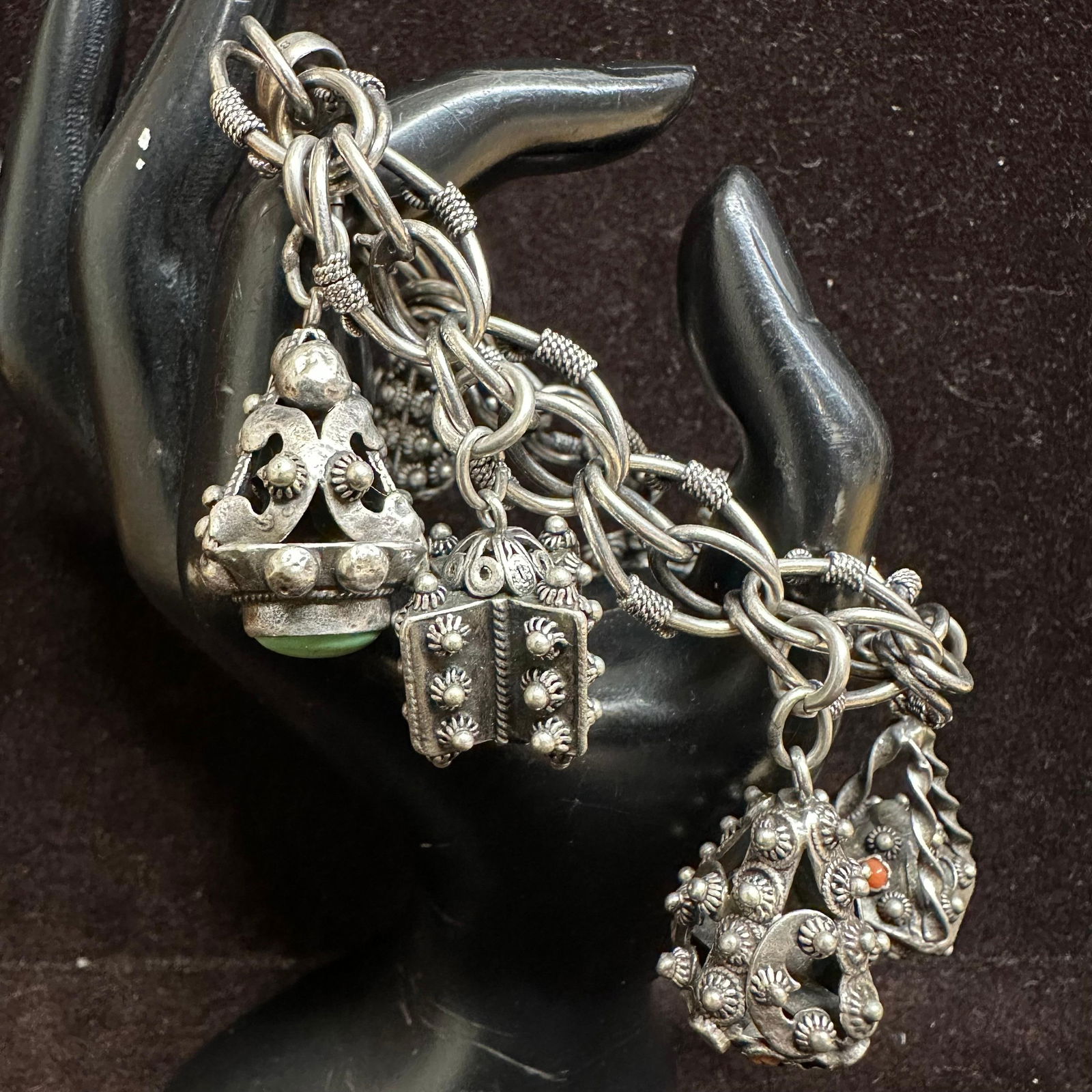 800 Silver Gemstone Accent Six Ornate Charm Bracelet R8: This item is in good pre-owned, previously used/displayed condition with noticeable light wear and surface scratches. Please reference all photos for full details. This piece of jewelry has been teste