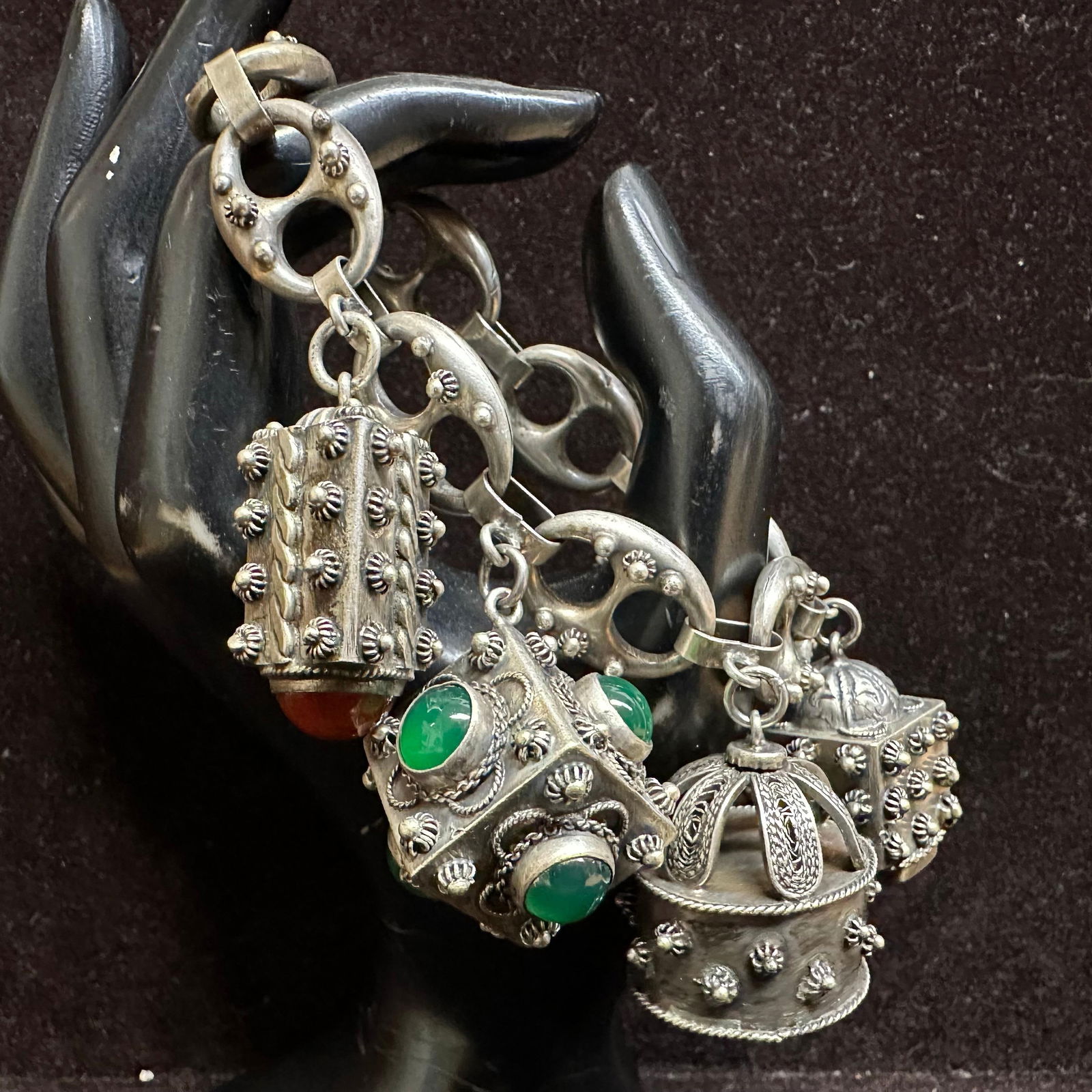 Etruscan Revival Style 800 Silver Detailed Ornate Charms with Gemstones R14: This item is in good pre-owned, previously used/displayed condition with noticeable light wear and surface scratches. Please reference all photos for full details. This piece of jewelry has been teste