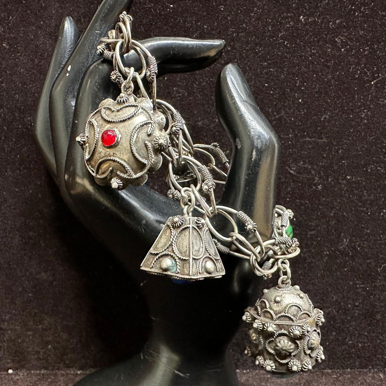 Filigree Five Charms Bracelet 800 Silver Etruscan Revival Style R18: This item is in good pre-owned, previously used/displayed condition with noticeable light wear and surface scratches. Please reference all photos for full details. This piece of jewelry has been teste