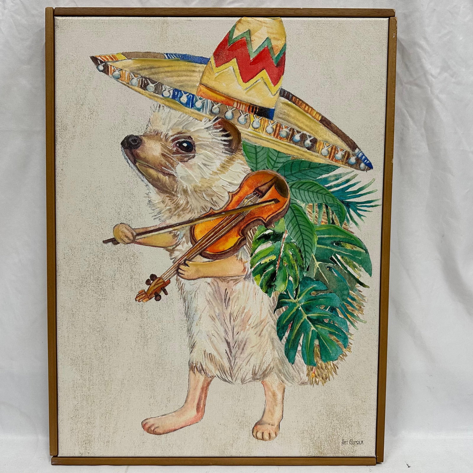 Art Cupola Mixed Media Canvas Print Mariachi Sombrero Style Hedgehog Playing Violin: Decorative mixed media canvas print depicting a hedgehog playing a violin while wearing a sombrero, accented with tropical foliage. The image appears to be a printed canvas with hand-applied acrylic p