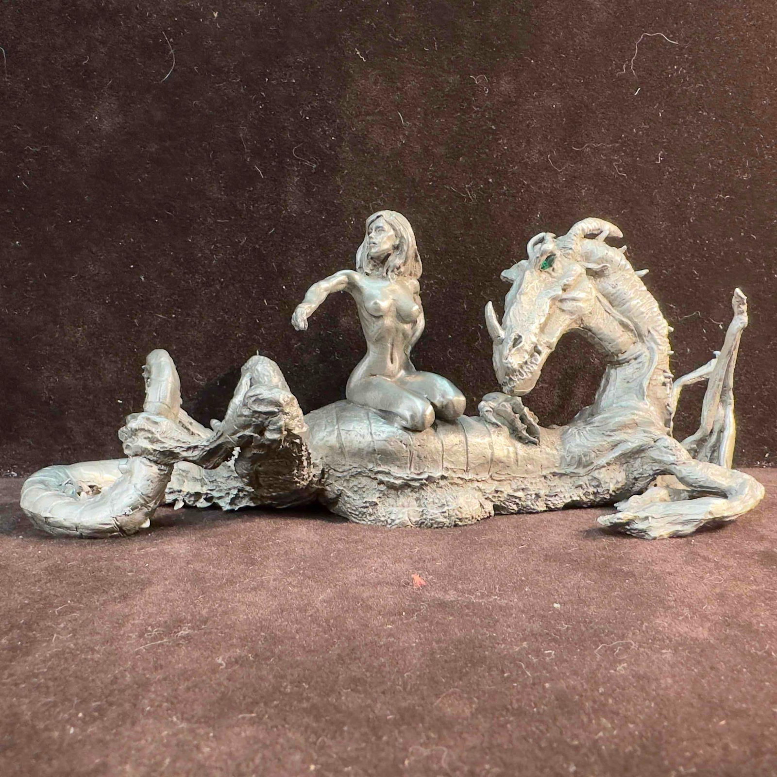 Rawcliffe Pewter Dragon and Bathing Fairy Sculpture Figure 1111073: Rawcliffe Pewter Dragon and Bathing Fairy Sculpture Figure 1111073. Rawcliffe identifying markings etched on the bottom. 2001 made in the USA. Original tag still intact. This item is in good