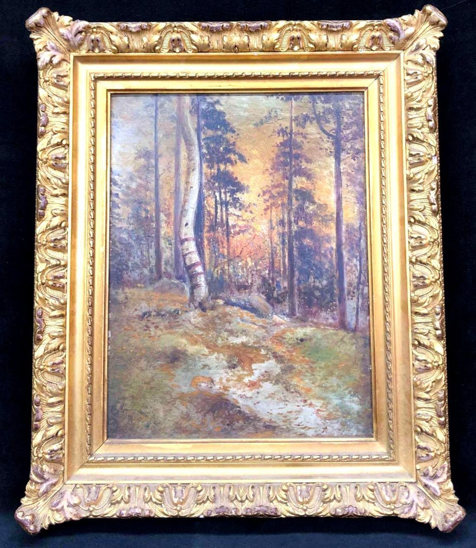 Acrylic On Board Fall Forest Scene Artist Unknown: This lot contains an original acrylic on board by an unknown artist. The work depicts an autumn forest composed of browns, oranges, yellows and greens. The painting is not signed or dated but it