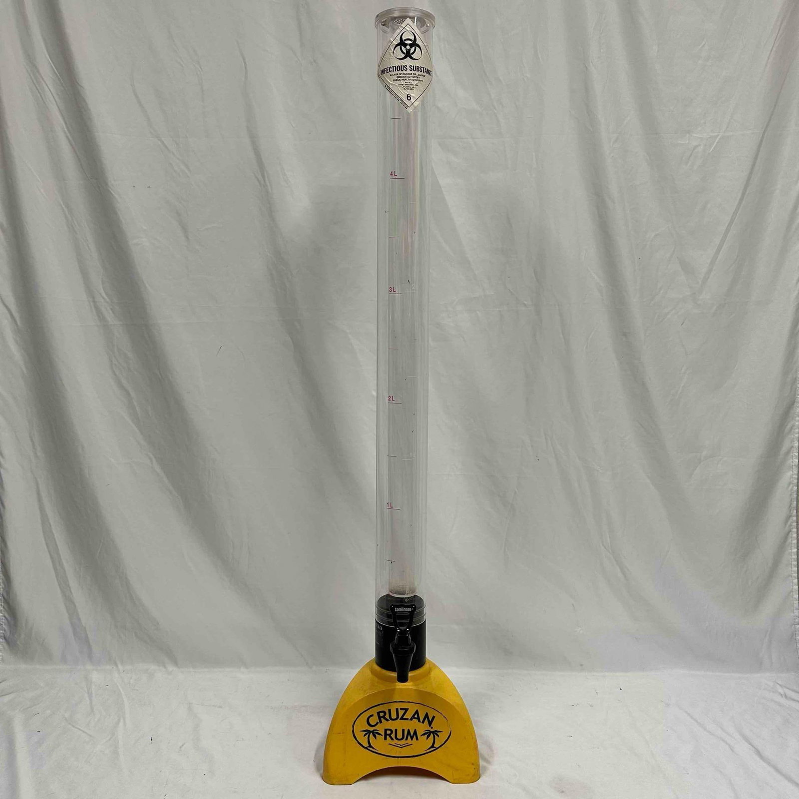 Cruzan Rum Drink Beer Alcohol Liquor Portable Dispenser Ice Column Party Tower: Cruzan Rum Drink Beer Alcohol Liquor Portable Dispenser Ice Column Party Tower. This drink dispenser has scratches throughout, the base shows staining. The base has a metal weight on the bottom interi