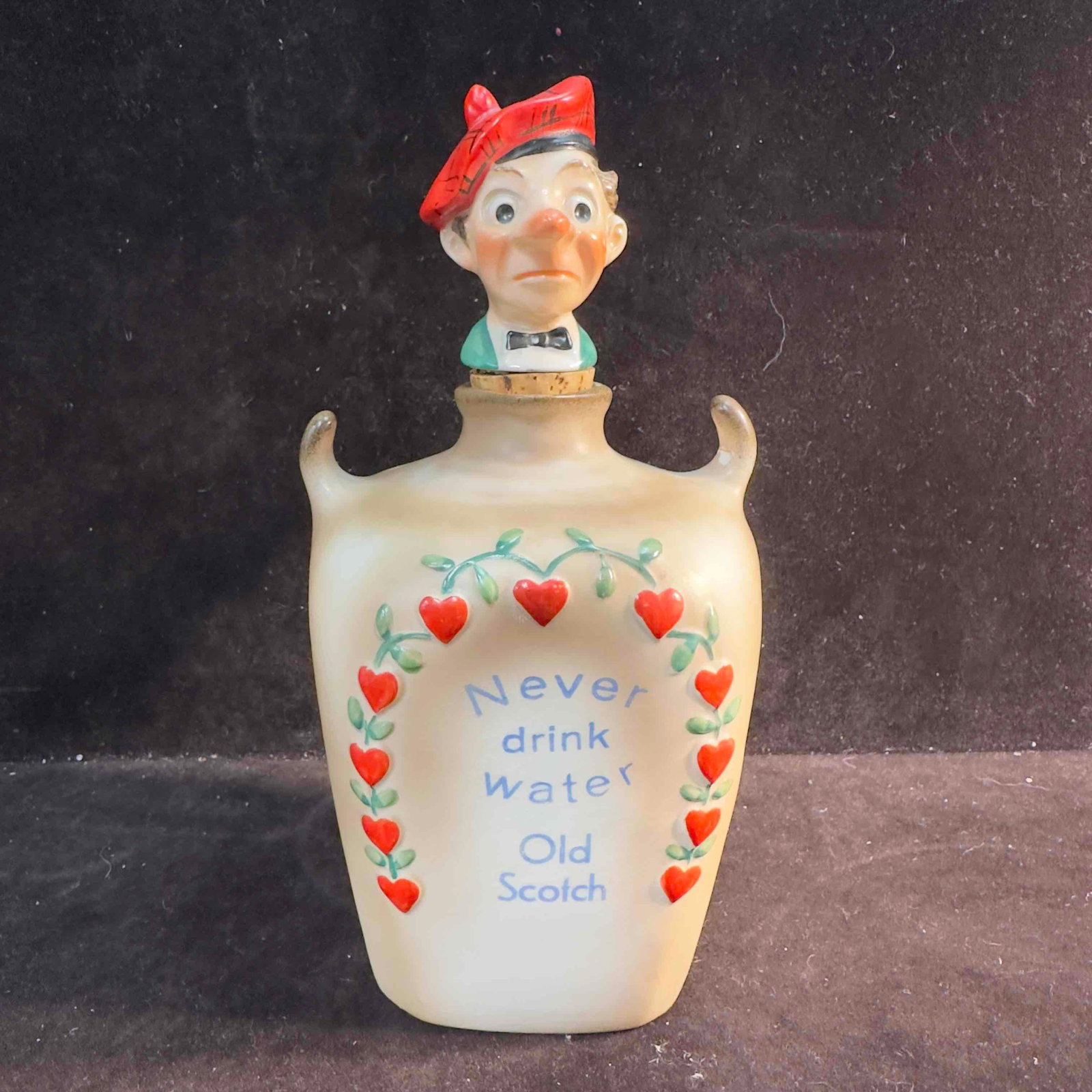 German Novelty Scotsman Never Drink Water Old Scotch Whiskey Flask Decanter Bottle: German Novelty Scotsman Never Drink Water Old Scotch Whiskey Flask Decanter Bottle. Bottle has been repaired, clean break. No other chips, breaks, or cracks are noticeable. Marked Western Germany