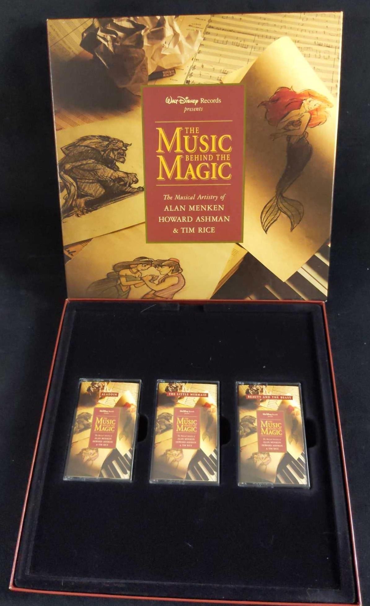 Disneys Music Behind the Magic Cassette Collection: Walt Disney's The Music Behind the Magic 1994 three cassette collection of the musical artistry of Alan Menken, Howard Ashman, and Tim Rice. Cassettes Include: All Songs and Score from the Motion