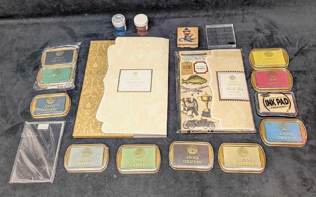 Anna Griffin Ink Pads Stamp Die Cuts And Card Layers And Papers Set: Anna Griffin Ink Pads Stamp Die Cuts And Card Layers And Papers Set. This lot includes: (10) Different Color Anna Griffin Acid Free Pigment Ink Pads. Most are sealed (and not tested)(1)