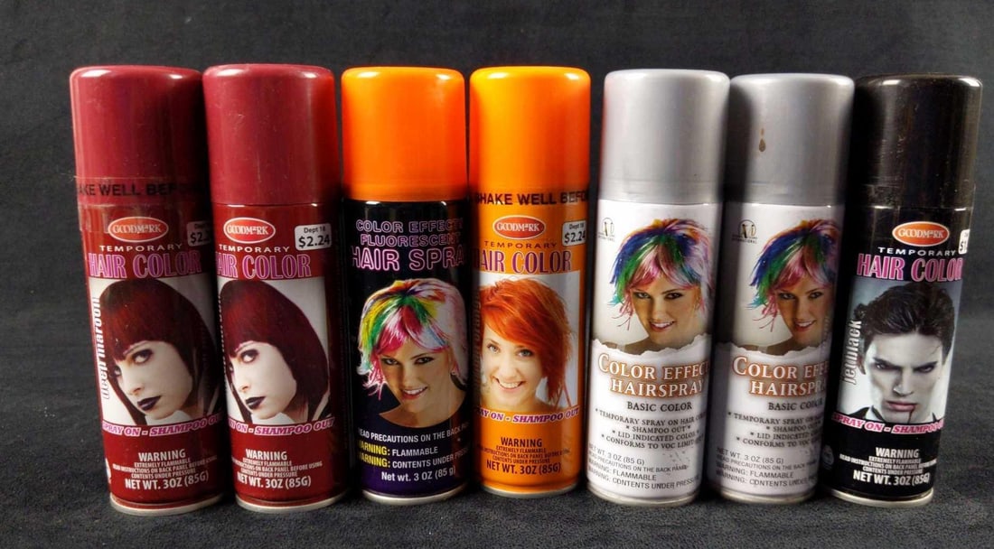 7 Goodmark Seasonal Visions Hairspray Temp Color: This lot includes: (1) Orange Color Effects Fluorescent Hair Spray. 3oz. By Seasonal Visions. (2) Gray Color Effects Fluorescent Hair Spray. 3oz. By Seasonal Visions. (1) Black. Goodmark.