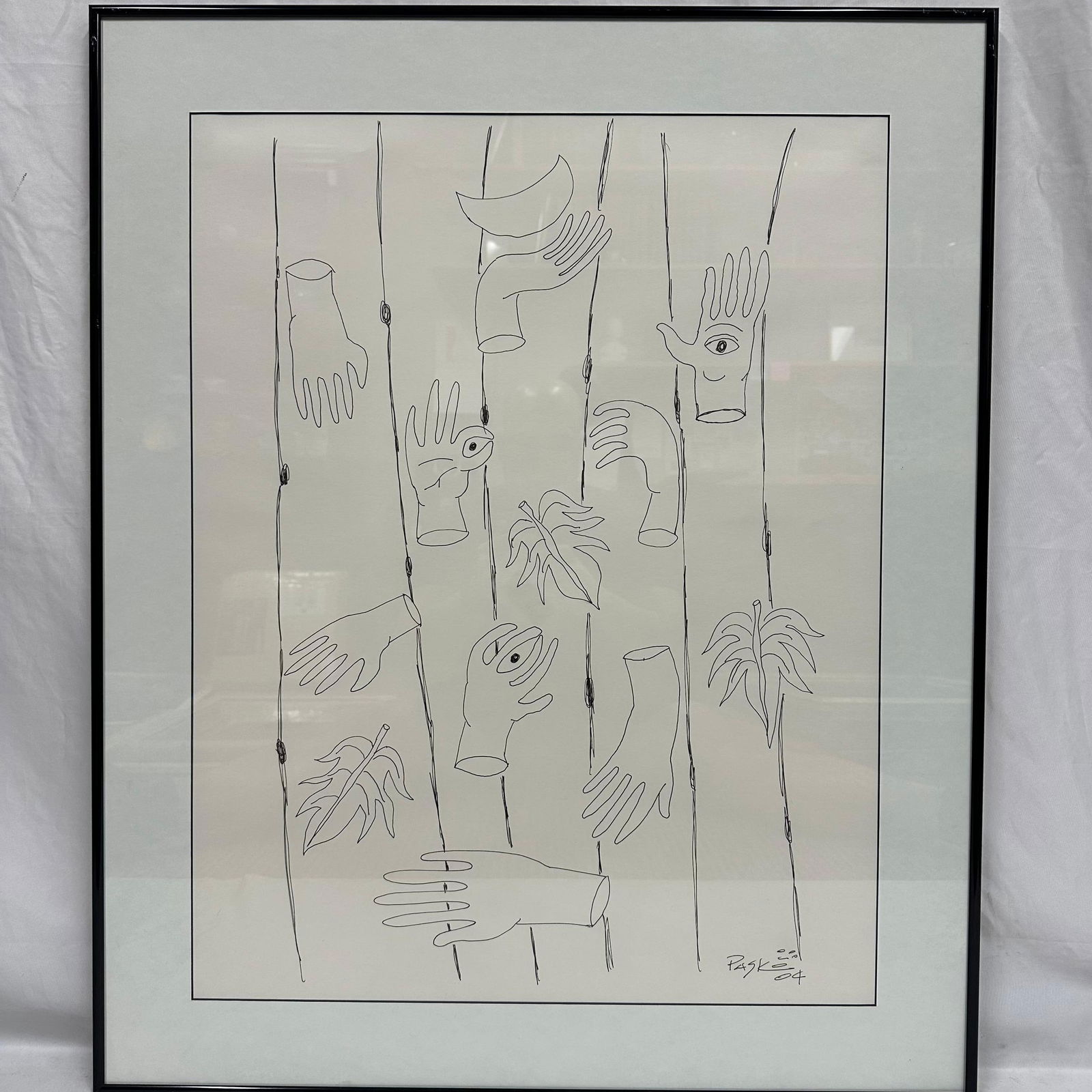 Untitled Surrealist Line Ink Drawing with Hands Framed by Jon Pask 2004 Abstract Art: Framed ink-on-paper surrealist line drawing by Jon Pask, dated 2004. Features floating hand forms, leaves, and abstract linear elements in the artist’s signature minimalist surrealist style. Signed