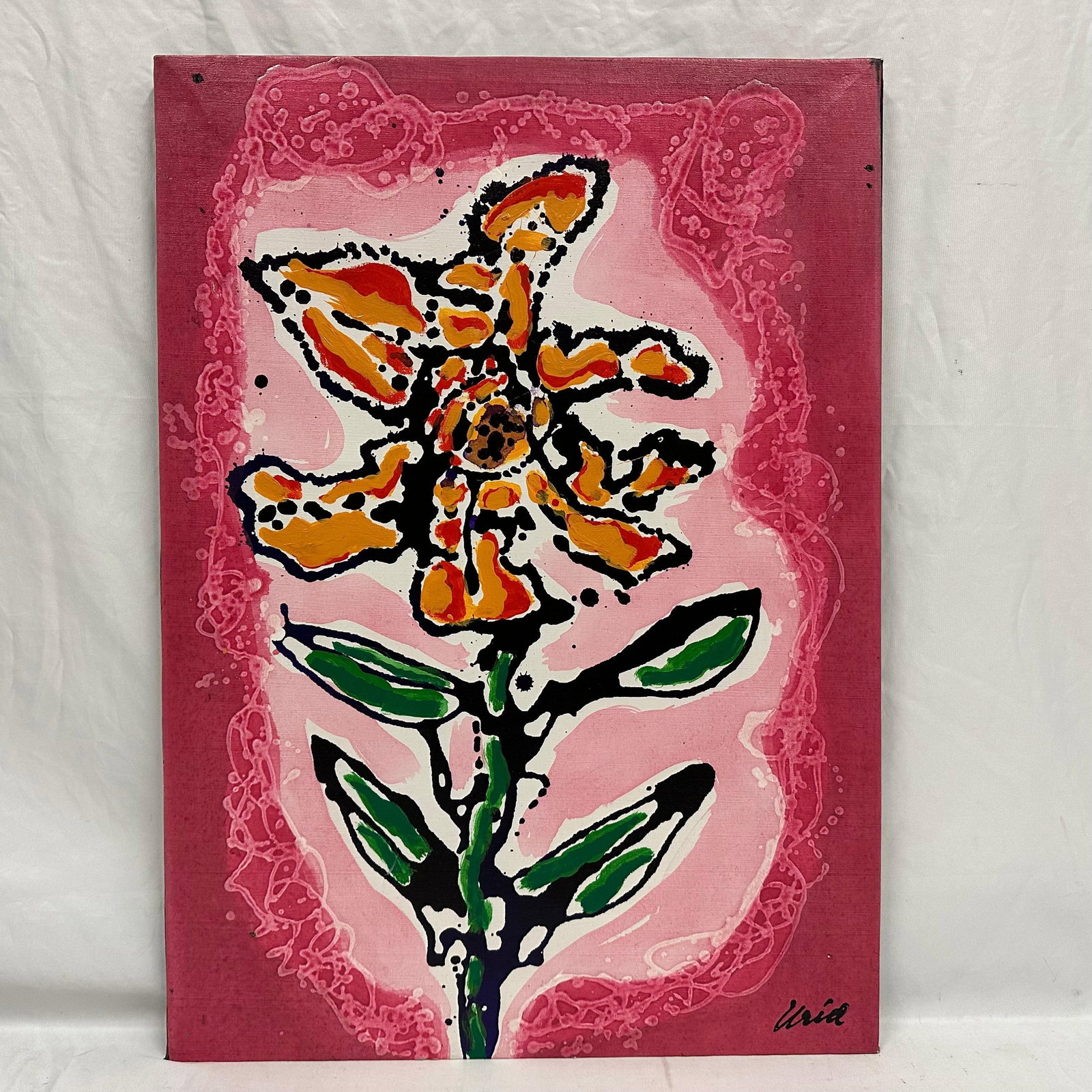 Floral Abstract Painting by Uria Flower Artwork: Original acrylic painting on canvas by artist Uria, dated 2001. Features a vibrant abstract flower with bold black outlines, orange petals, green leaves, and a pink background framed with textured dri