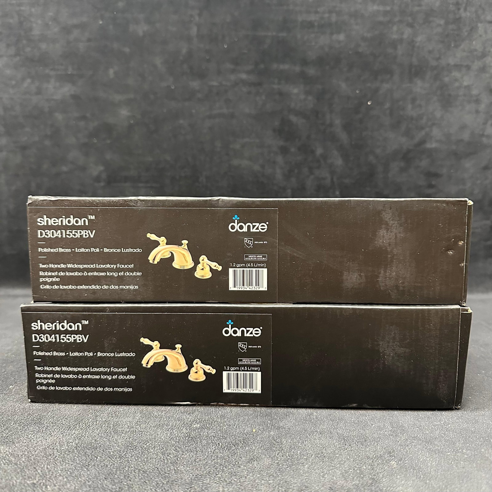 2 Danze Sheridan D304155PBV Polished Brass Two-Handle Widespread Lavatory Faucets: Lot of two Danze Sheridan model D304155PBV two-handle widespread lavatory faucets in polished brass finish. Solid brass construction. Each faucet is rated at 1.2 GPM 4.5 L/min. Includes original manuf