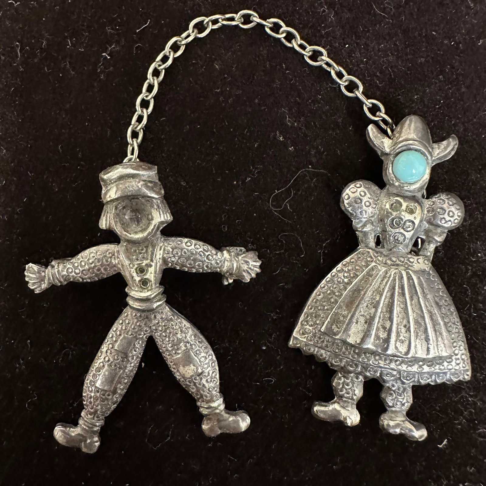 Dutch Boy and Girl Chain Chatelaine Style Brooch Silver: This item is in good pre-owned, previously used/displayed condition with noticeable light wear and surface scratches. Please reference all photos for full details. This piece of jewelry has been teste