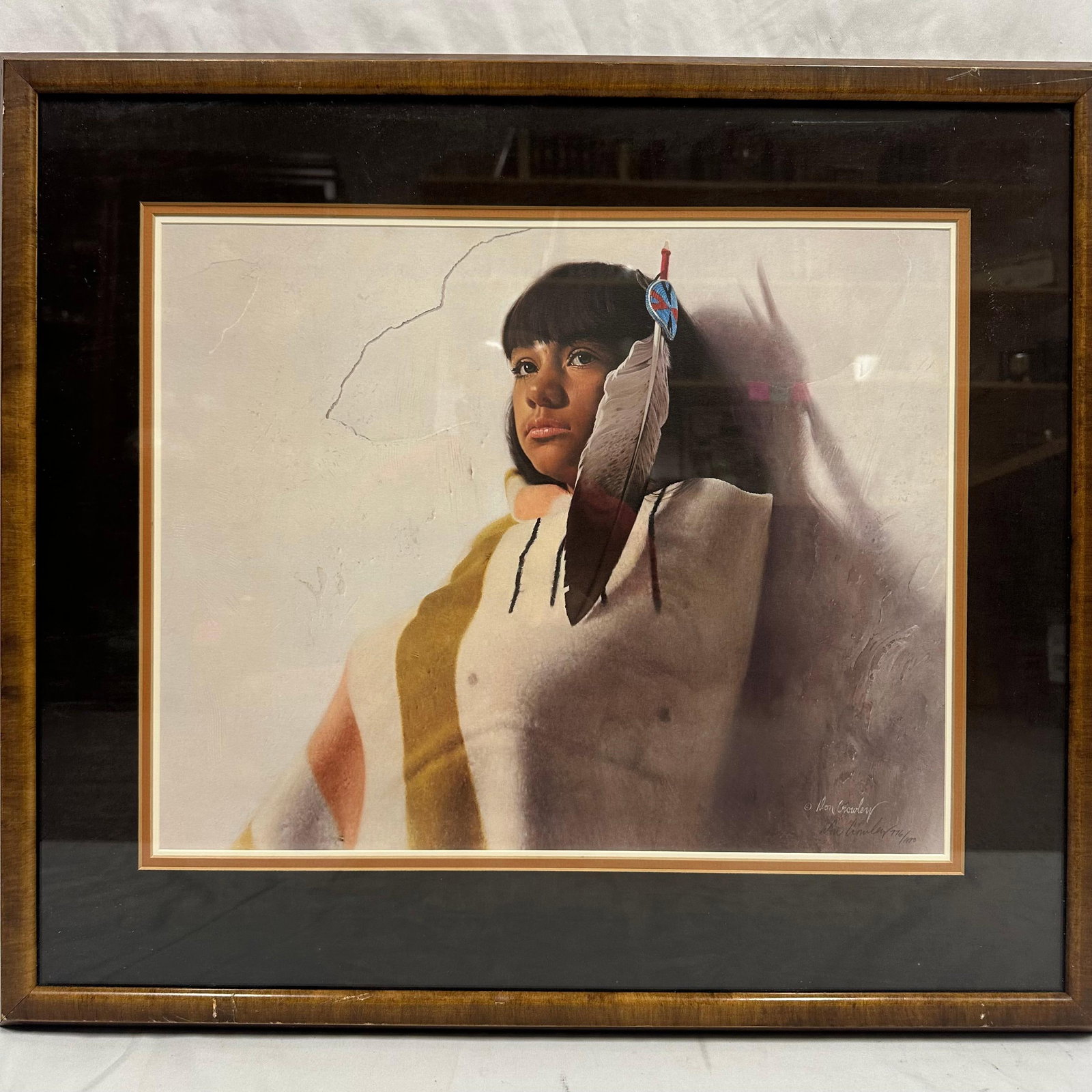 Donald V. Crowley Hudsons Bay Blanket Limited Edition Lithograph Signed and Numbered 776 of 1000: Limited edition lithograph titled Hudson’s Bay Blanket by acclaimed Western artist Donald V. Crowley, American, 1926–2022. Beautifully detailed portrait of a Native American woman wrapped in a Hud