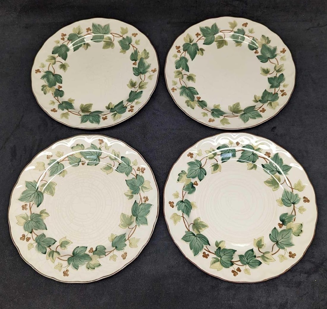 4 Retired Nikko Greenwood Dinner Plates A: 4 Retired Nikko Greenwood Dinner Plates A. This series was released from the year 1995 to the year 2004. Each is approx 10 1/4" x 10 1/4" x 1". The total weight is 5.87 lbs. The plates have some crazi