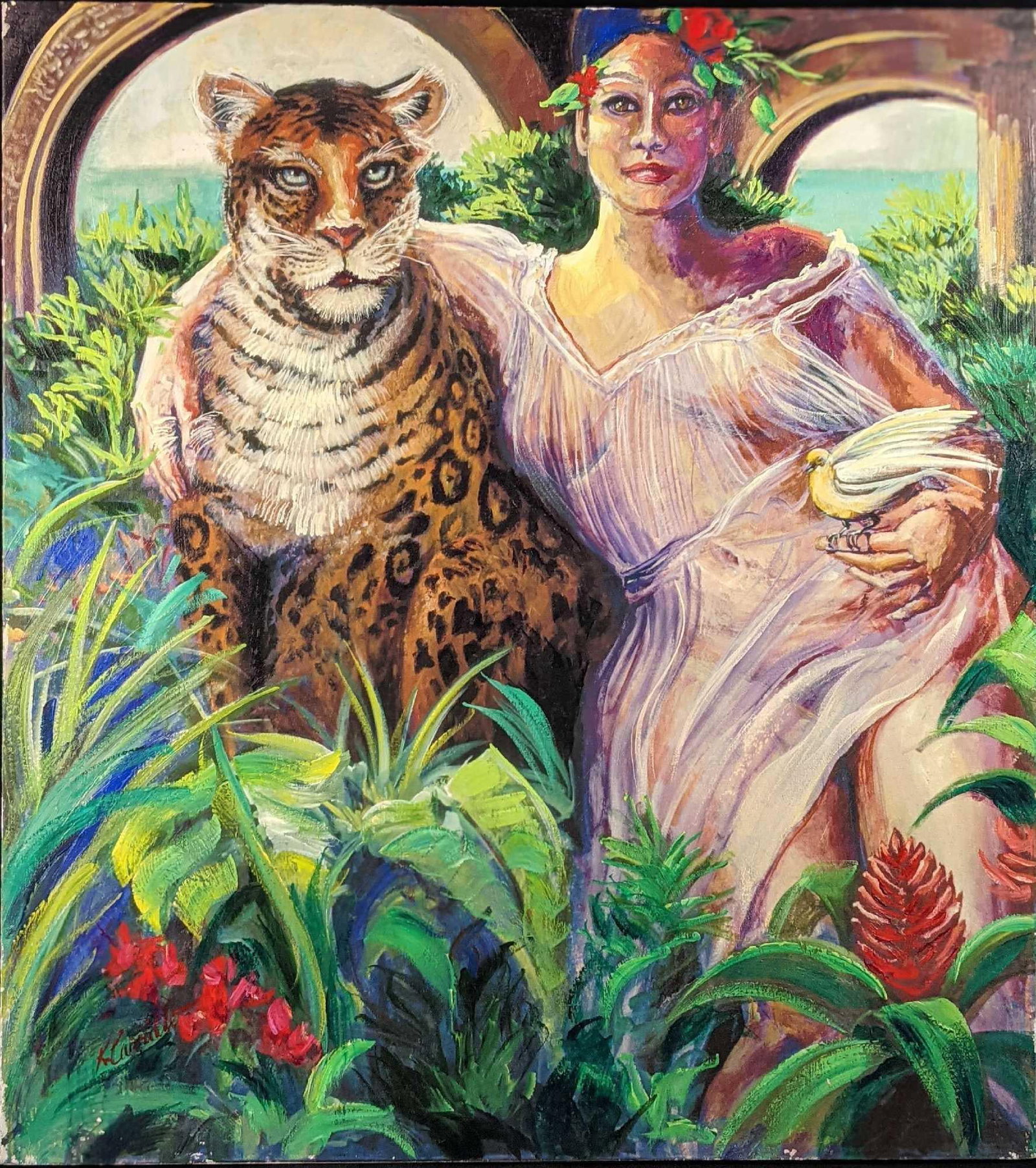 Limited Edition Kathleen Carrillo Embellished Canvas: Limited edition embellished Giclee canvas of a woman and a leopard called "Balance". This one is #5 out of #100. Canvas is approx 27" x 1" x 30". Is in a good, used condition with