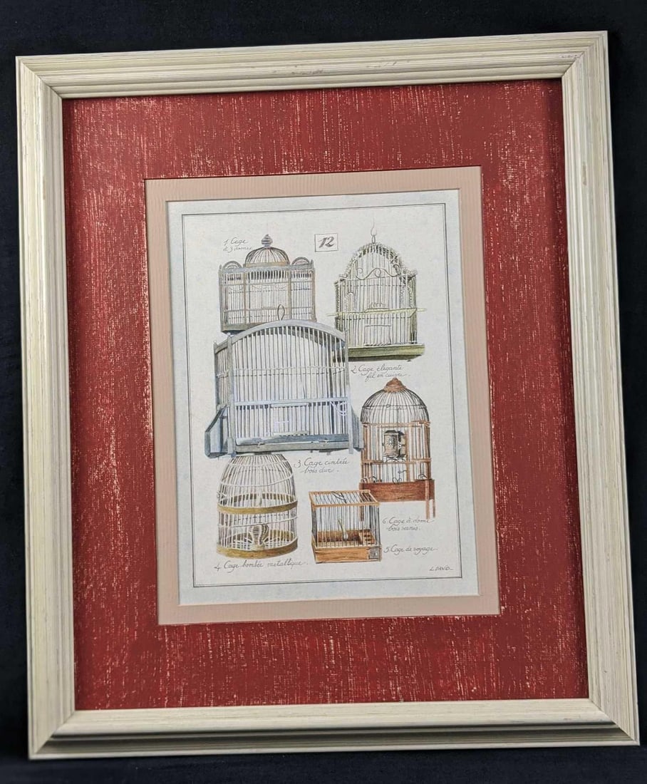 French Birdcage Framed Print By L David B: Unique framed print of an assortment of bird cages with French labels. This framed print was based off an original by a artist signed as L David. Hand painted matting and art style give the whole