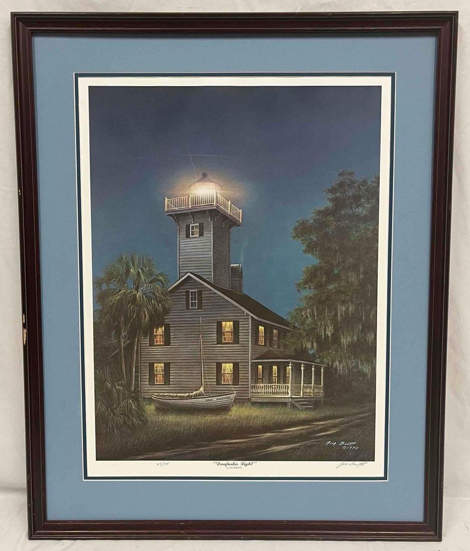 Sold Out Jim Booth AP Daufuskie Light House Print: Artist Proof edition Jim Booth "Daufuskie Light" lithograph print. This one is #47 out of #75. The framed print is approx 25 3/4" x 1" x 32" and it weighs 9lbs. The print/image is