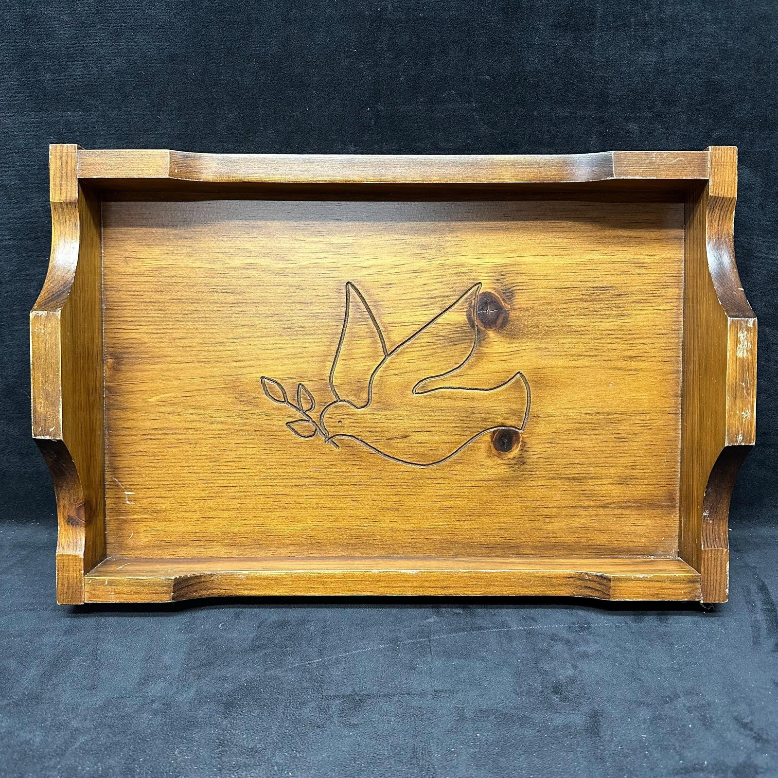 Wood Engraved Inlaid Dove with Olive Branch Wooden Tray: No hallmarks or maker's marks noticed. This item is in good pre-owned, previously displayed condition with light wear and surface markings. Please reference all photos for full details. Tray: 17