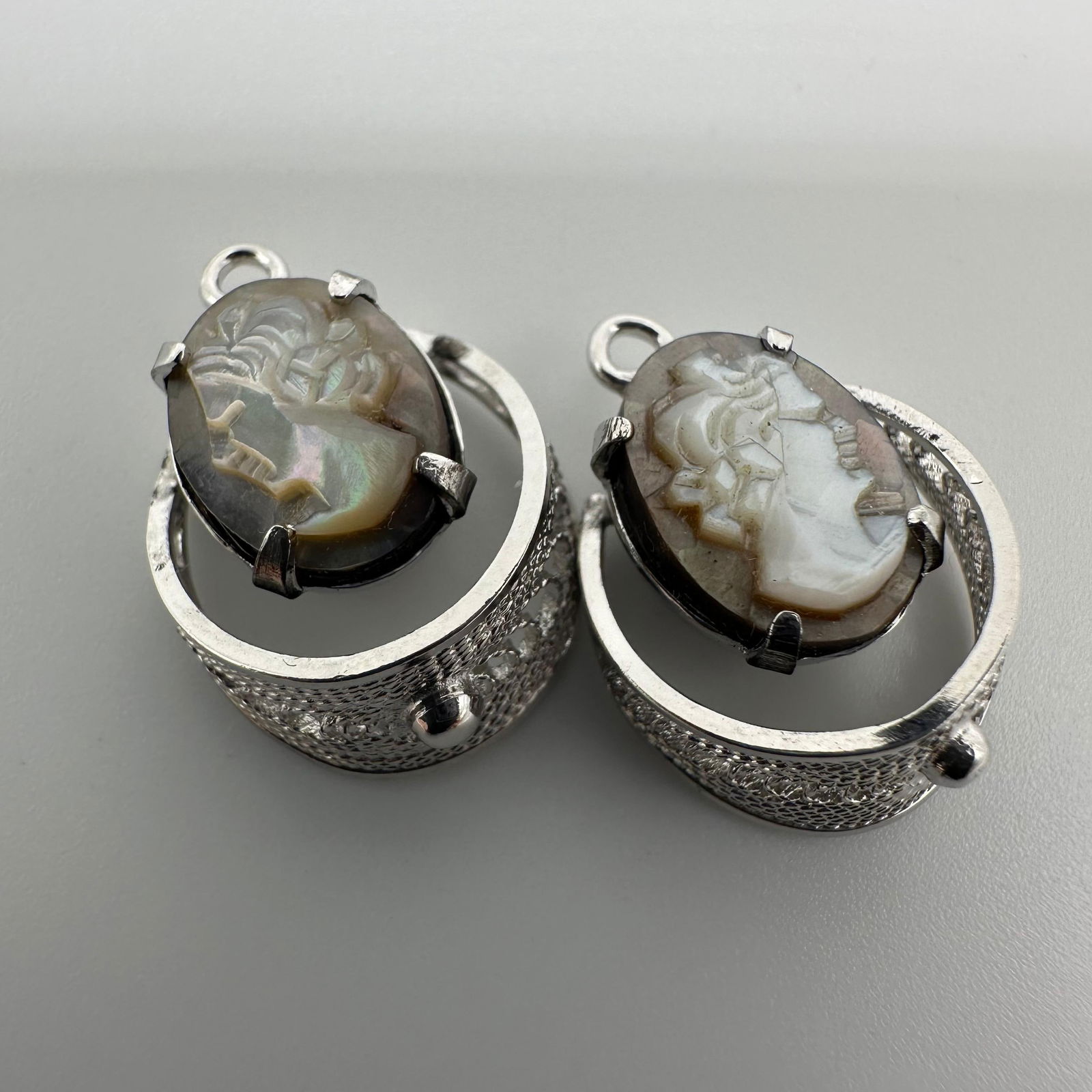 Silver Abalone Shell Carved Cameo Charms Jewelry: This item is in good pre-owned, previously used/displayed condition with noticeable light wear and surface scratches. Please reference all photos for full details. This piece of jewelry has been teste