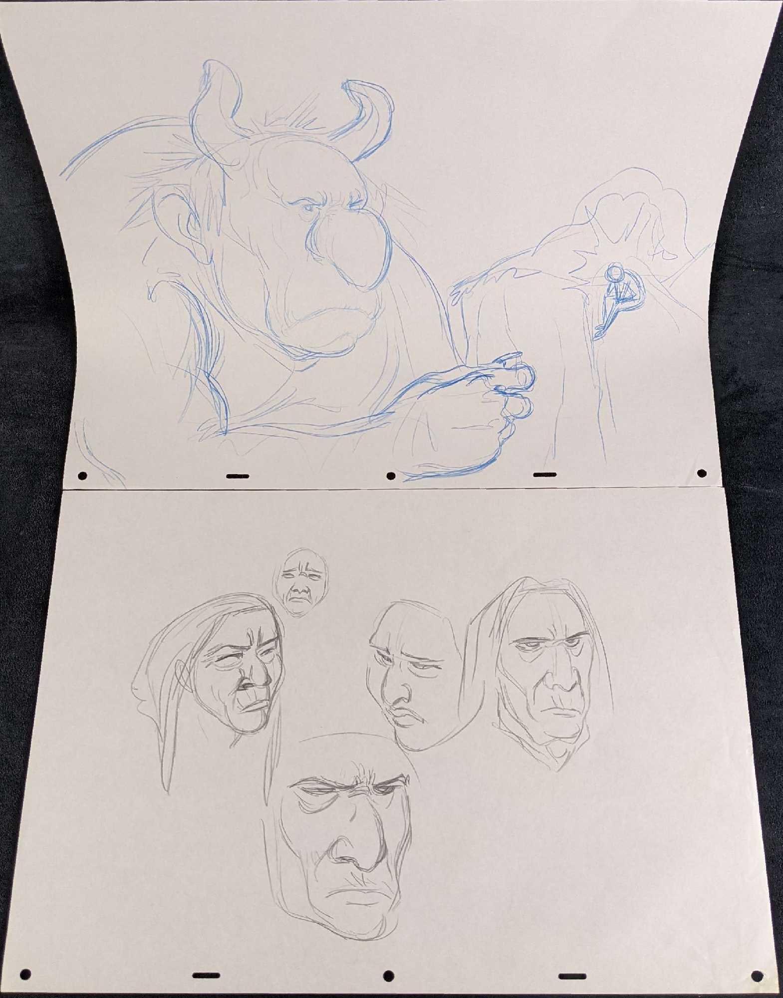 2 Original Disney Artist Drawn Animation Production Sketches: Here are two different animation sketches from Disney's MGM studios. These were acquired from a former Disney employee. One image shows an giant or ogre looking down at a smaller person, and the other