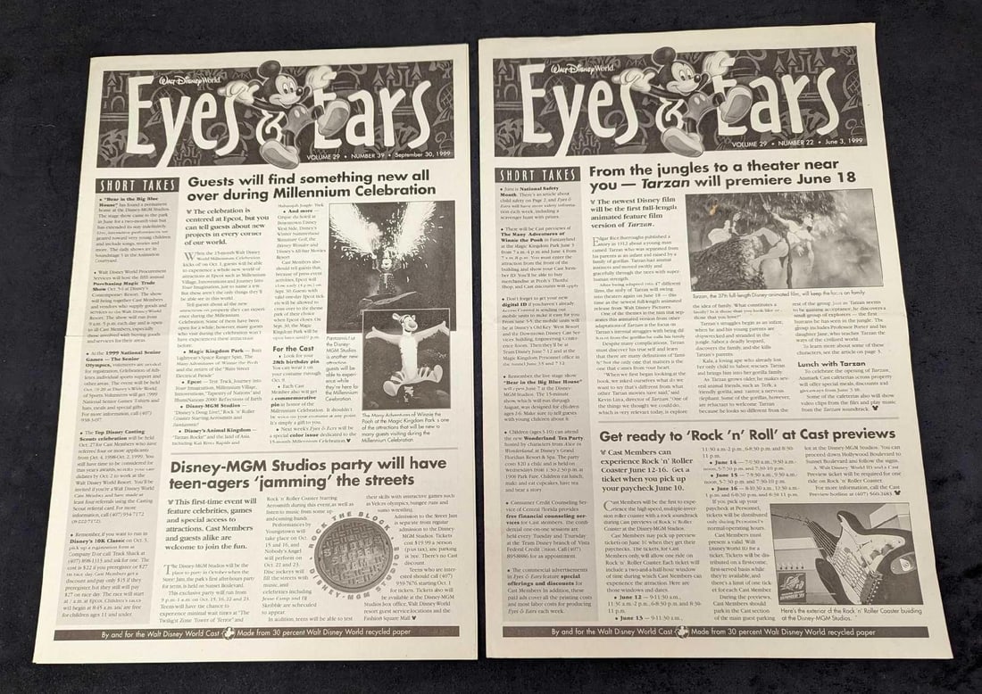 Two Disney Eyes & Ears Cast Member Newsletter Tarzan: Two Disney Eyes & Ears Cast Member Newsletter Tarzan. This lot includes Disney cast-member (employee) newsletters from June 3, 1999 and September 30, 1999. Each is approx 11" x 17" and the total weigh