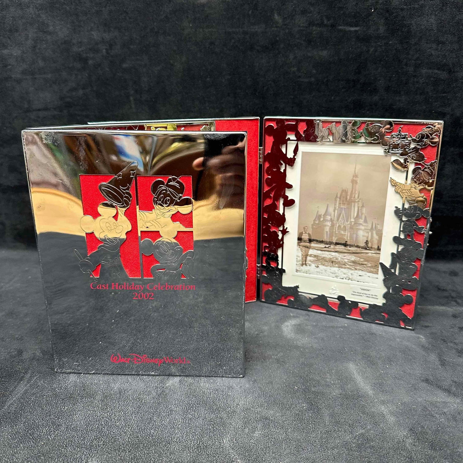 Walt Disney World Picture Frame 2002 Cast Holiday Celebration Set: Cast member exclusive photo frame set featuring Walt Disney and Mickey Mouse in a metal silver toned frame. These items are in good pre owned, previously displayed condition, light smudges on silver t