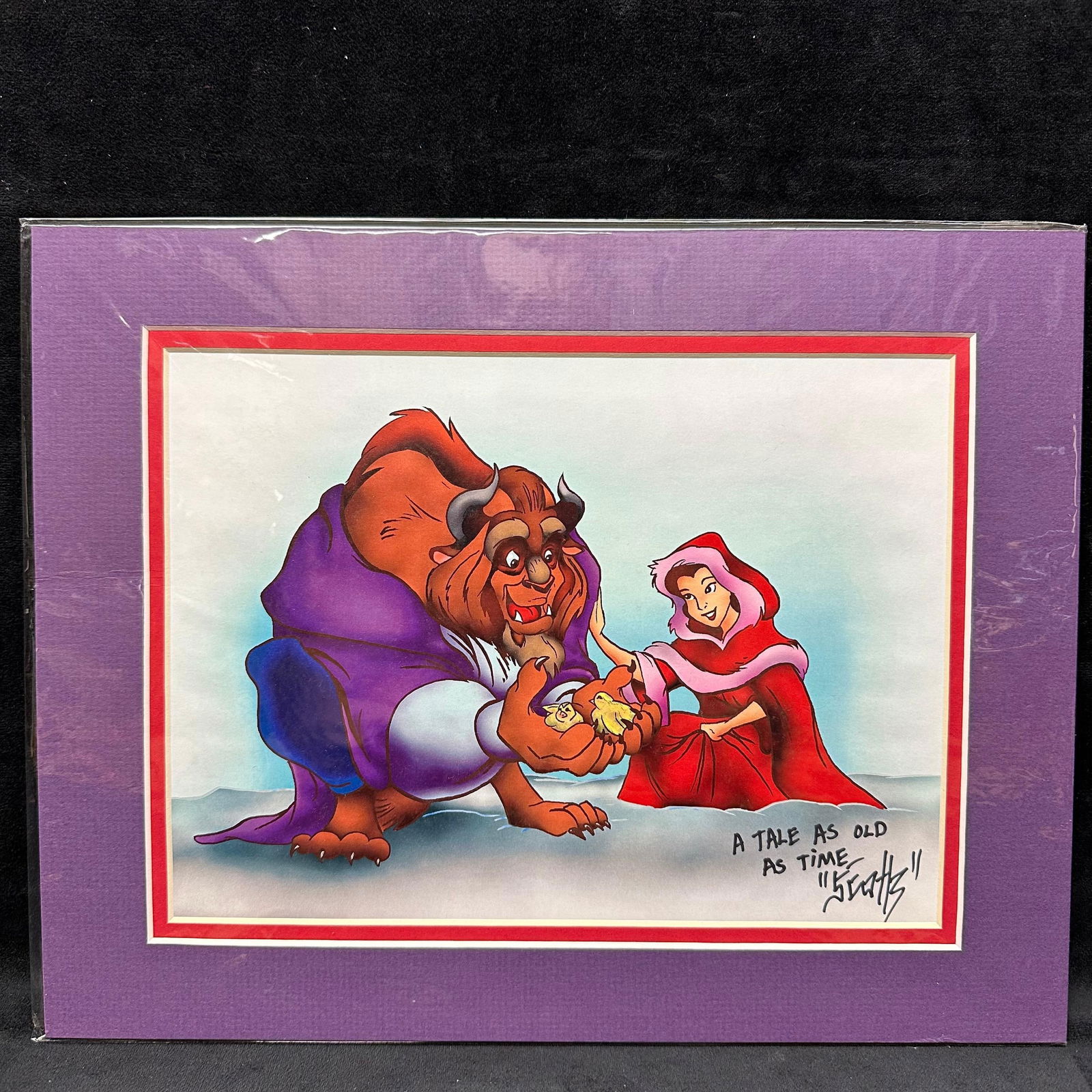 Beauty and the Beast A Tale As Old As Time Art Print Signed Scott Beaderstadt Disney Artist: Hand-signed Scott Beaderstadt Beauty and the Beast art print illustration titled “A Tale As Old As Time.” Artwork features Beast and Belle in winter attire, vibrant colors, professionally matt