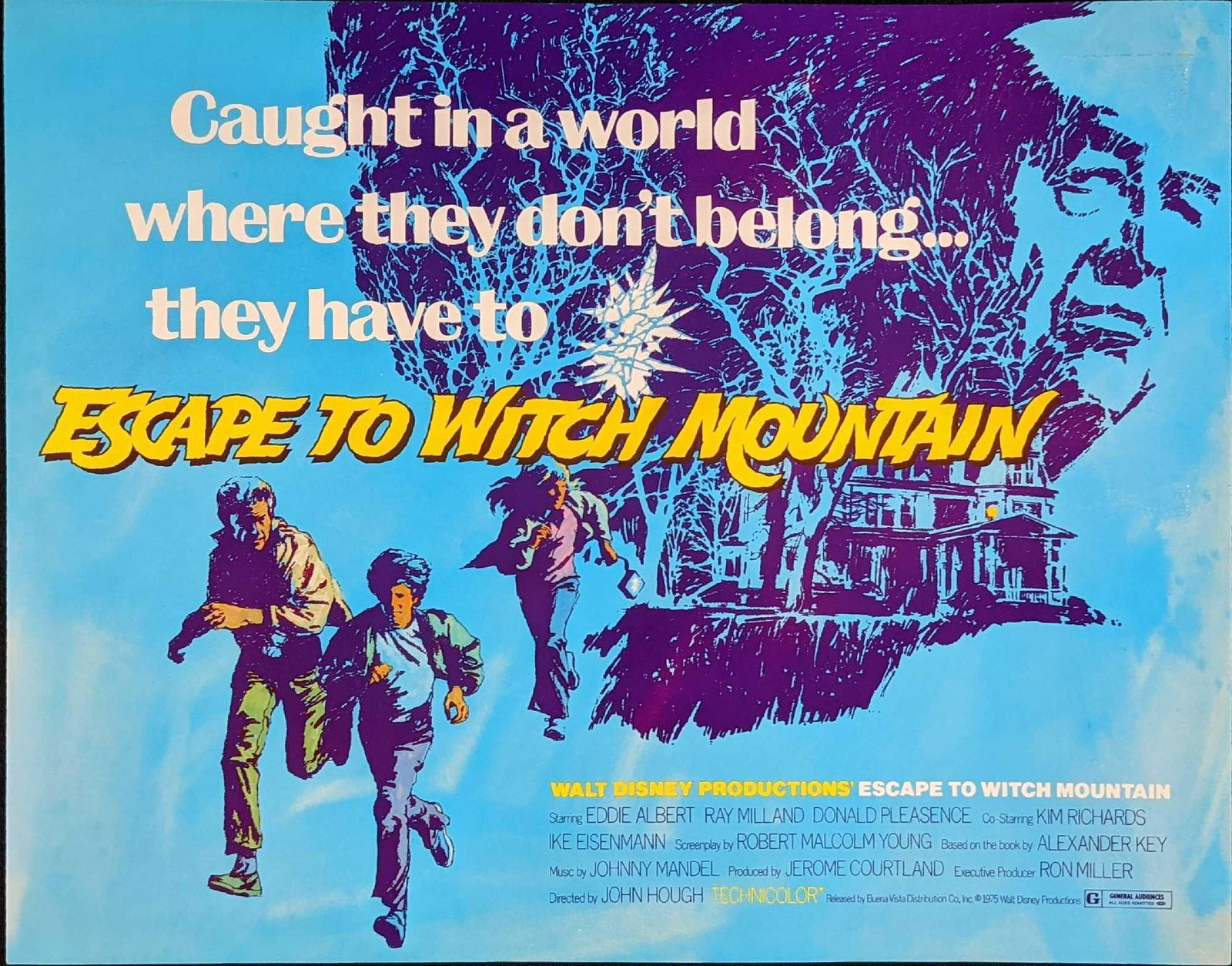 Disney Escape to Witch Mountain 9 11x14 Full Color Lobby Cards: "Escape to Witch Mountain" nine 11x14 Full-Color Lobby Cards. This is from the Disney live-action movie starring Eddie Albert, Ray Milland, and Donald Pleasence. Enclosed lobby cards are approx 14 1/2