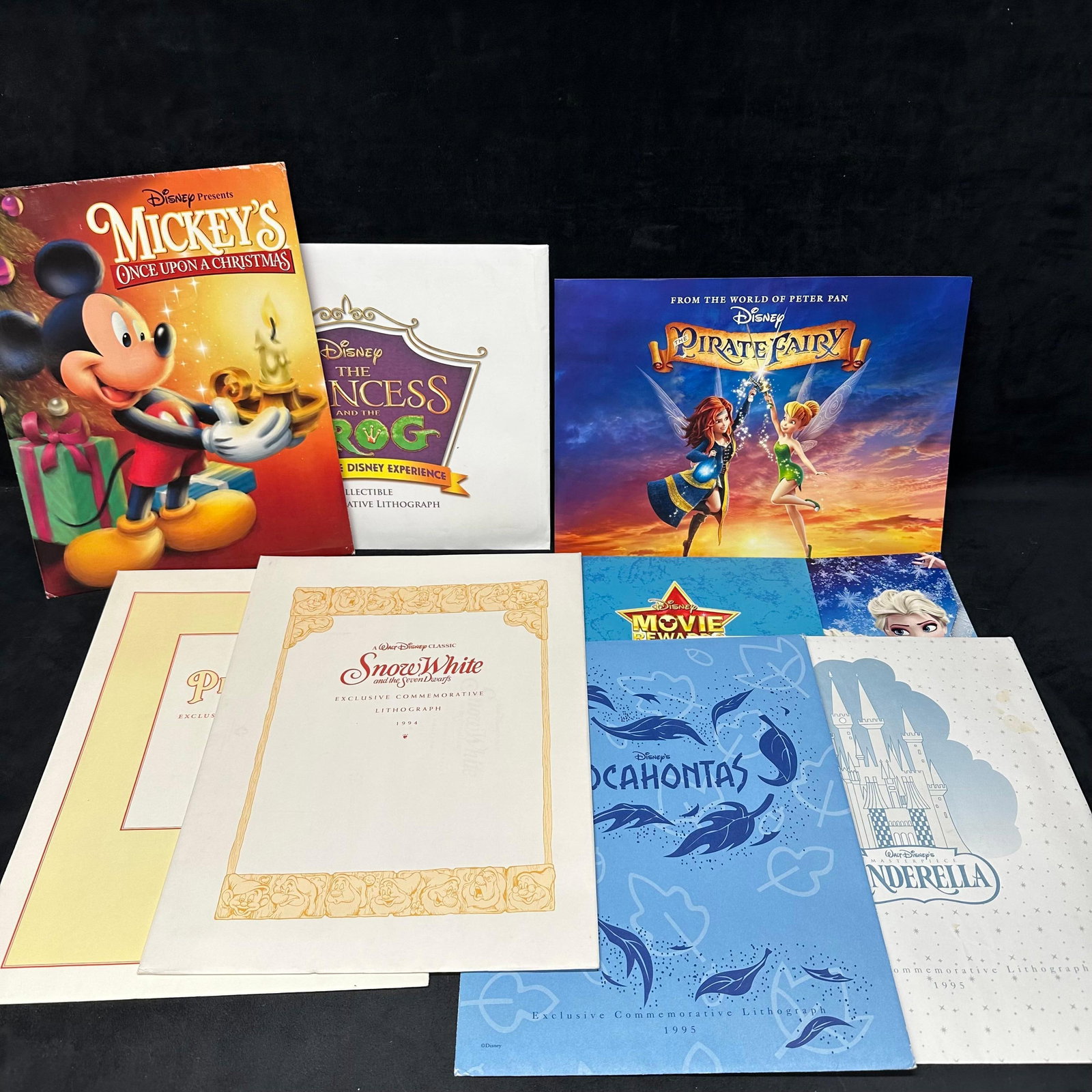 Disney Commemorative Lithograph Collection Snow White Pinocchio Cinderella Pocahontas Frozen: Wonderful collection of official Walt Disney commemorative lithographs, released as exclusive promotions for Disney Store and home video releases from the 1990s through early 2010s. Each lithograph is