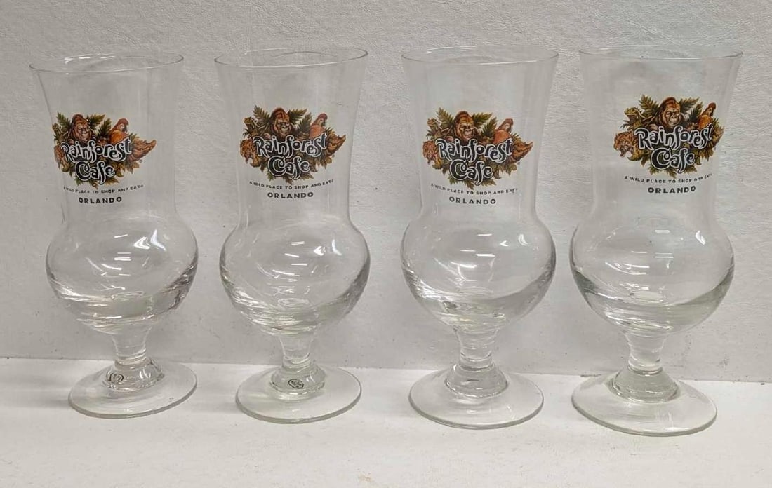 4 Orlando Rainforest Cafe 8" Hurricane Drinking Glasses Disney: 4 Orlando Rainforest Cafe 8" Hurricane Drinking Glasses Disney. These were originally sold at either the Rainforest Cafe at Disney Springs (Downtown Disney at the time) and Disney's Animal Kingdom. Al
