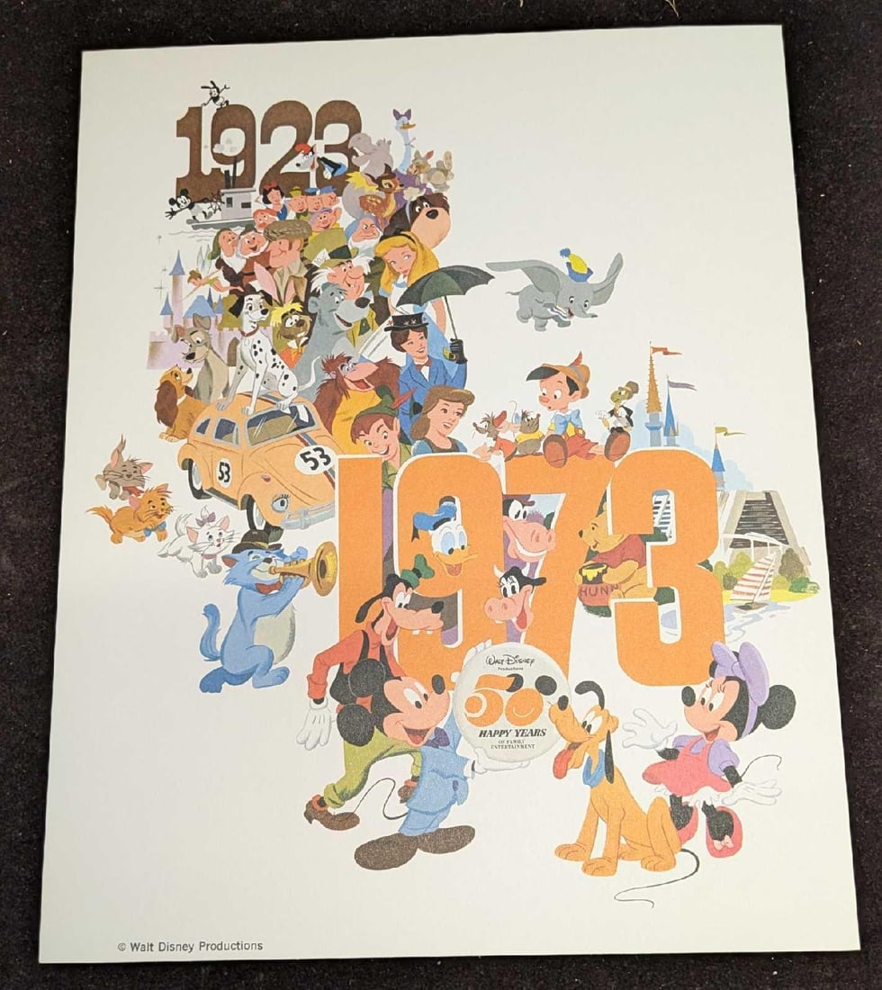 Vintage Disney Productions 50 Year Fan Club Print: Vintage Disney Productions 50-Year Fan Club Print. Vintage Walt Disney Productions 50-year (1923-73) Fan Club Promotional Print. This print is from the Fan Club Department at Disney Studios in Burbank