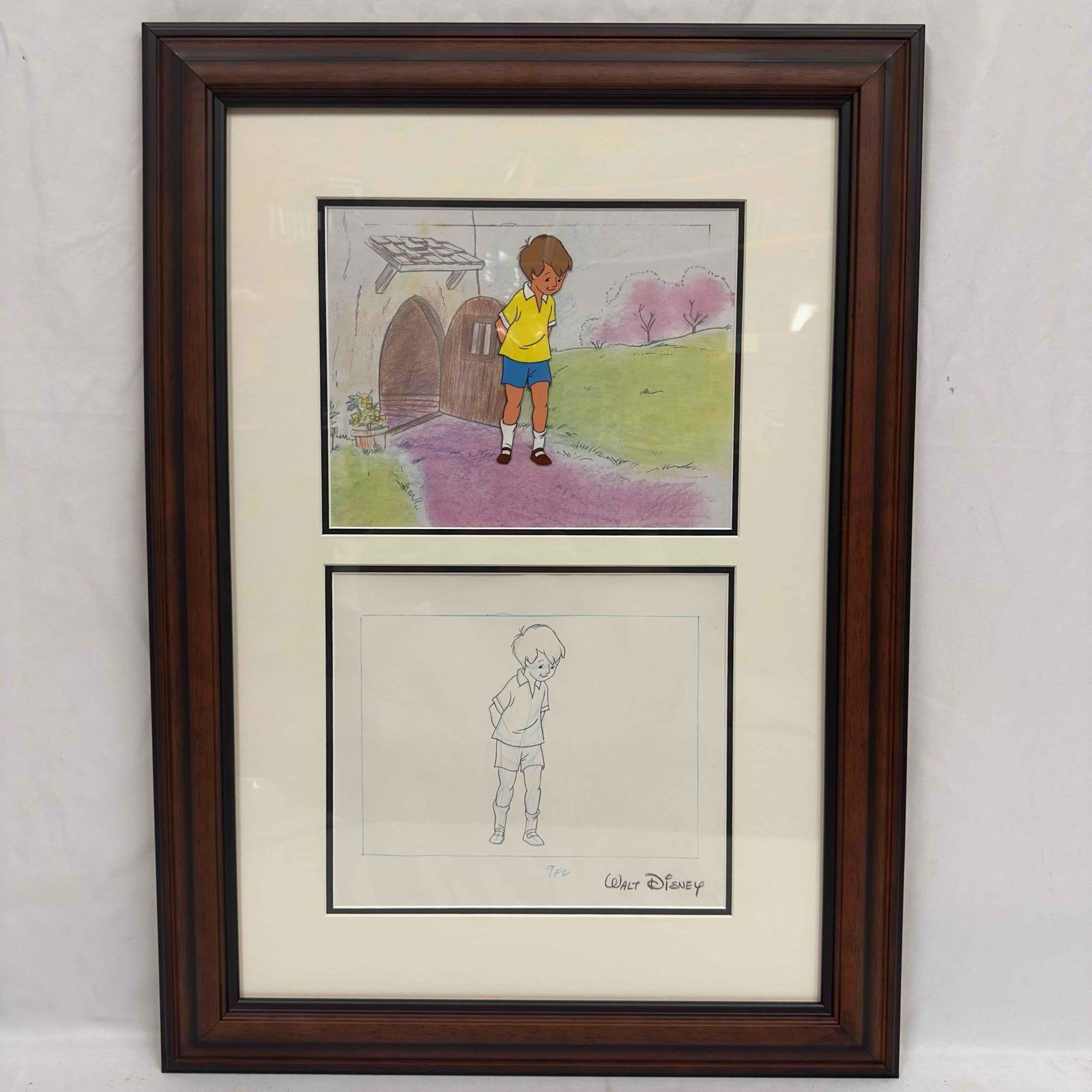 Walt Disney Studios Winnie The Pooh Ponder Christopher Robin Production Cel Sketch Drawing Framed: Walt Disney Studios Winnie The Pooh Ponder Christopher Robin Hand Painted Production Cel and Sketch Drawing Framed. Hand painted production cel with color background and pencil drawing with facsimile