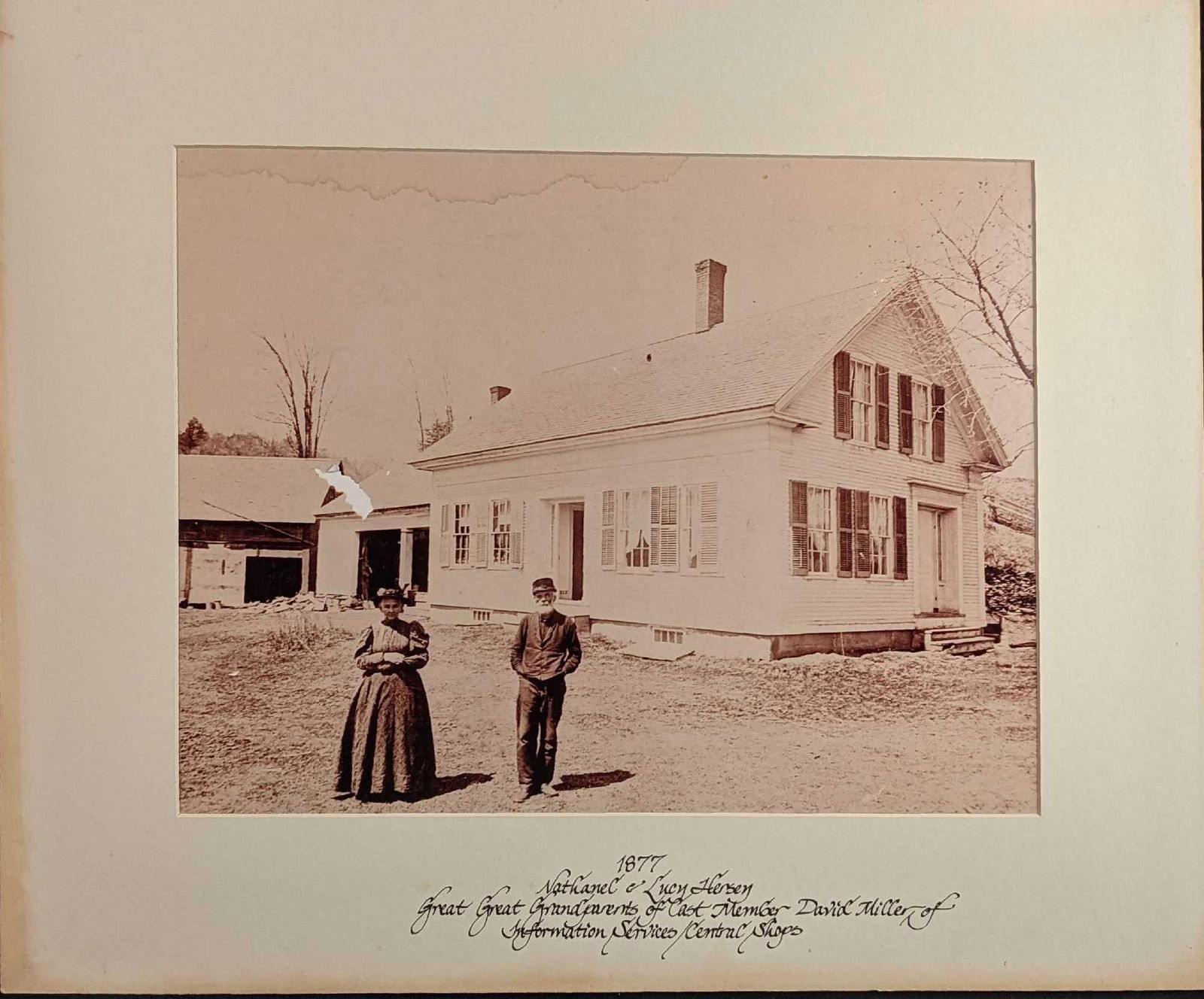 Walt Disney Cast Member Ancestor Couple Horse Photo: Here is a blown-up copy of an old photo from 1877. It states it as "1877 Nathanel & Lucy Hersey - Great Great Grandparents Of Cast Member David Miller Of Information Services Central Shops"