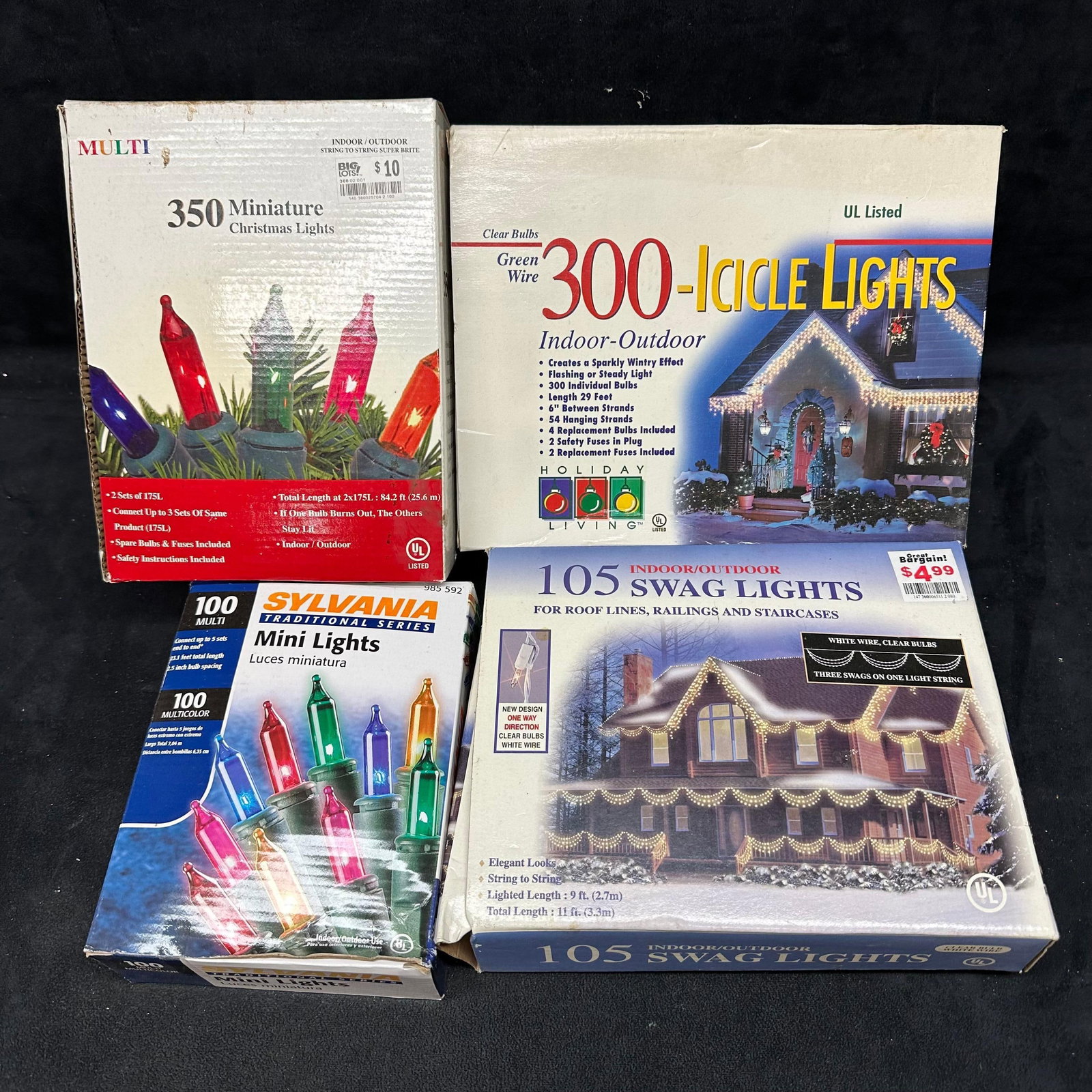 Christmas Lights Vintage Sets Four Boxes 855 Multi Lights: Four Christmas Light boxes with 855 multi colored lights. Each set appears to be like-new, never used, with minor wear to the outer packaging from storage. These items are in like-new, previously disp