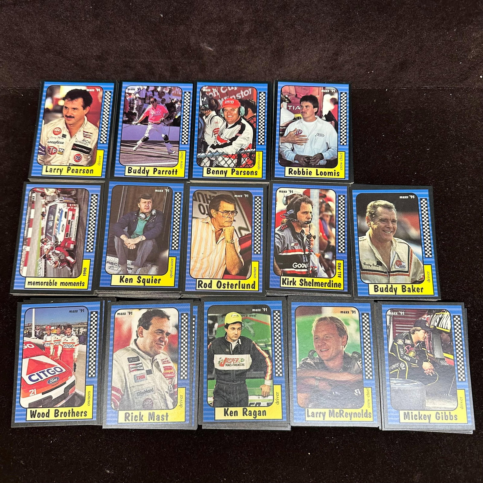 Maxx 1991 NASCAR Racing Trading Cards Lot Race Card Collection: Maxx 1991 NASCAR racing trading cards. Includes drivers, team members, owners, and sportscasters from the early 1990s NASCAR era. Examples shown include Larry Pearson, Buddy Parrott, Benny Parsons, Bu