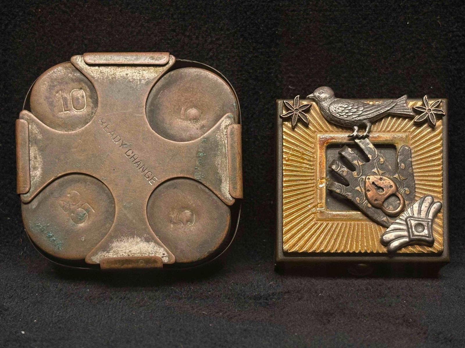 Vintage Ready Change Coin Dispenser and Art Deco Business Locket Bundle: This lot contains an early 1900s "Ready Change" coin dispenser from New York manufacturers B&R MFG and an Art Deco business card locket. The spring-loaded mechanism on the coin dispenser i