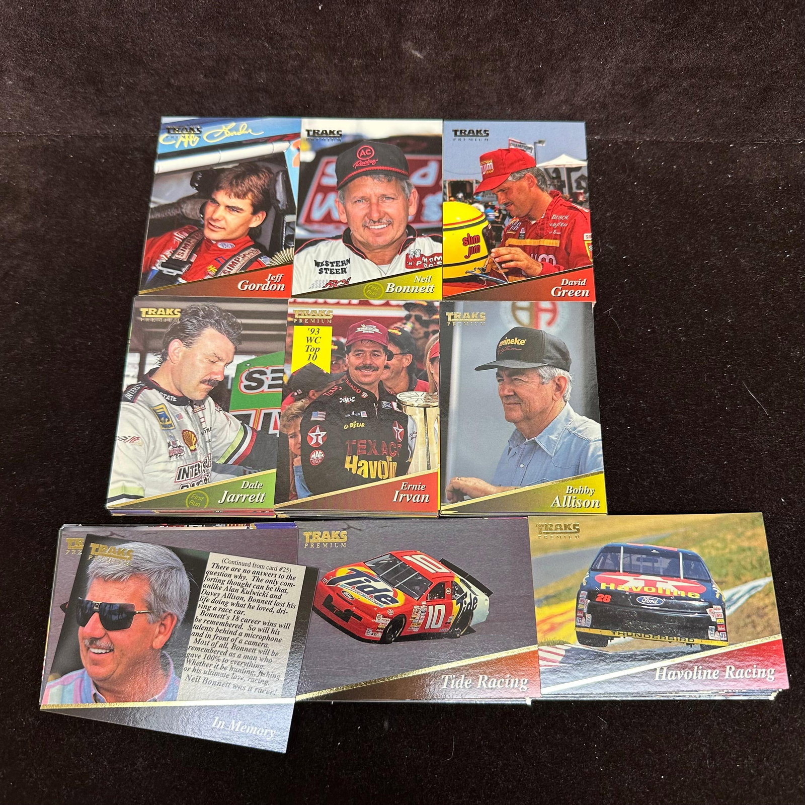 240 Card Lot NASCAR Traks Premium Trading Cards Jeff Gordon Tide racing: Large group of 1994 Traks Premium NASCAR racing trading cards. The lot includes numerous drivers and themed cards such as Jeff Gordon, Neil Bonnett, David Green, Dale Jarrett, Ernie Irvan, Bobby Allis