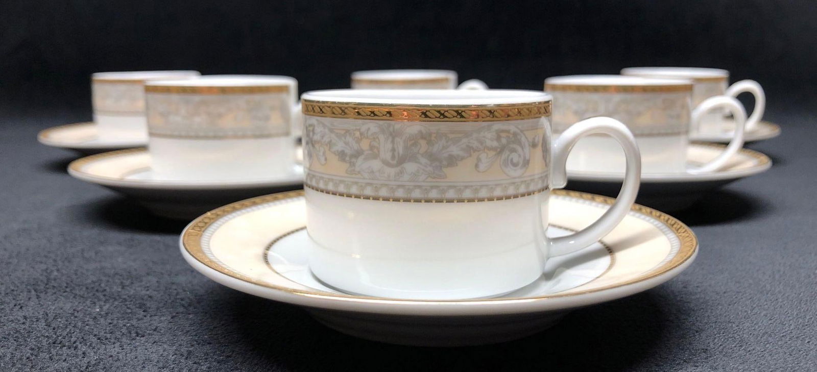 12pc Porcelain Demitasse Set - 6 Cups & 6 Saucers - Casa Elite Home Collection - M. Valenti -: 12pc Porcelain Demitasse Set - 6 Cups and 6 Saucers. Elegant design with Gold Trim, Gray and Peach on White Background. Casa Elite Home Collection. Design by M. Valenti - Italy. Cup 3-1/4" x