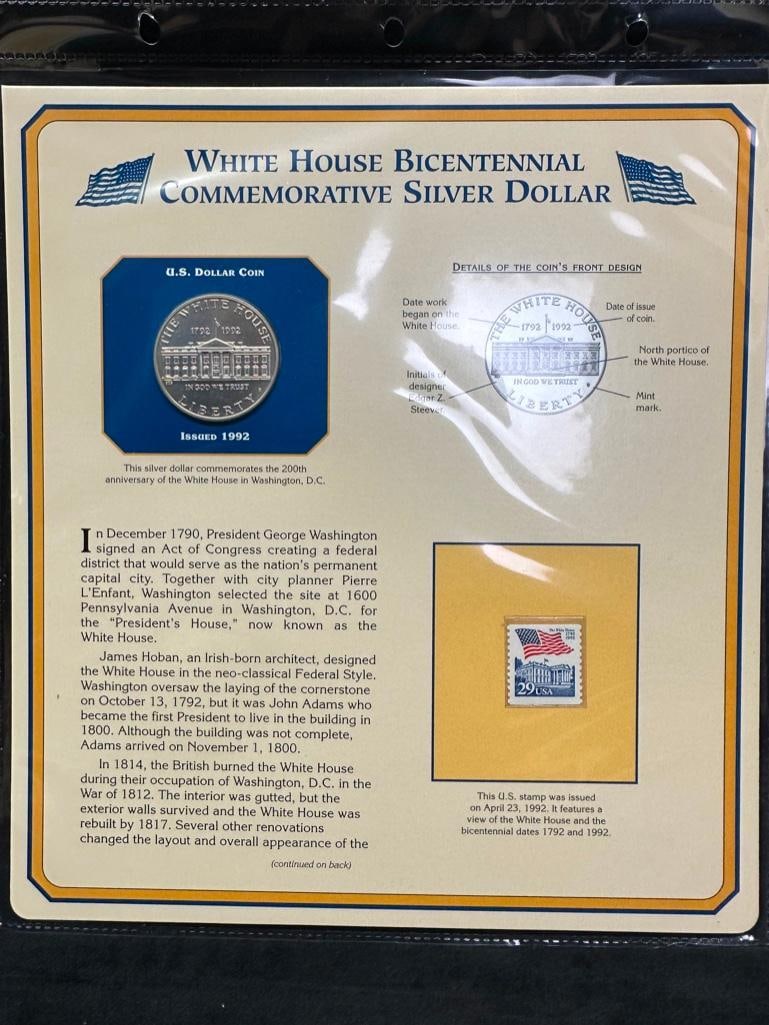 1992 White House Silver Dollar Collector Panel: Informational panel for collectors featuring a commemorative United States silver dollar coin, with related stamps. These coins have been tested and researched to the best of our ability prior to