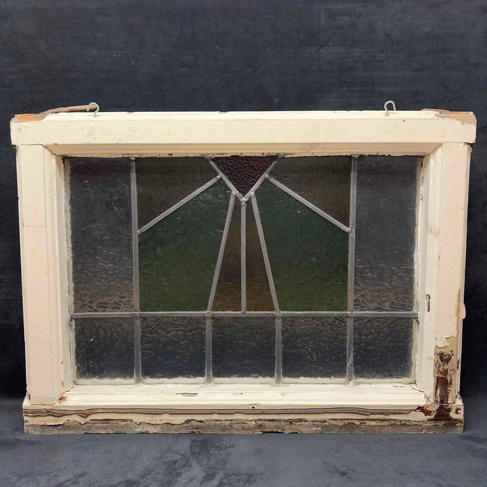 Architectural Salvage Stained Glass Geometric Shaped Design Art Deco Window: Architectural Salvage Stained Glass Geometric Shaped Design Art Deco Window. White wood stained glass window featuring yellow, green, and red colored glass. Rectangle shape. Salvaged house ware piece