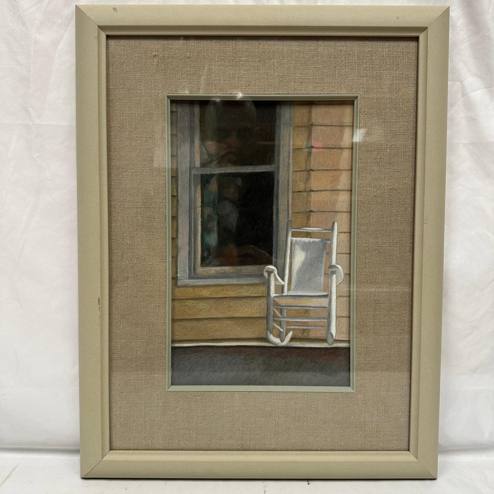 Helen J. Vaughn Pastel Drawing of Rocking Chair by Window 1991 Signed and Framed: Pastel drawing by Helen J. Vaughn depicting a white rocking chair beside a window on a wood-sided house. Soft, muted tones with detailed texture throughout. Signed H.J. Vaughn and dated ’91 at lower