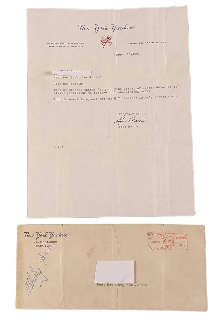 1961 Yankees Roger Maris & Whitey Ford Autographed Letter: Autographed letter from August 15, 1961. The letter was autographed by Roger Maris, while the envelope was autographed by Whitey Ford. The letter is approx 9" x 11" and the envelope is approx