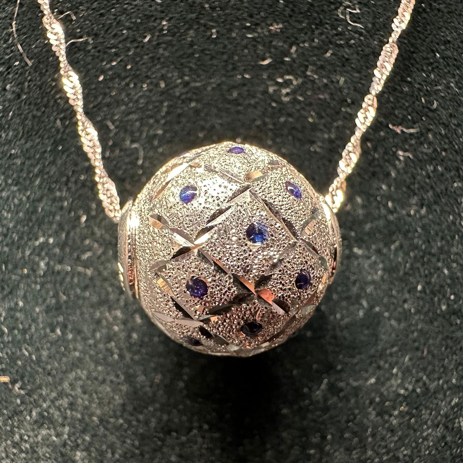 Blue Enamel Dot Motif Textured 14K White Gold SLC Charm Necklace: This item is in good pre-owned, previously used/displayed condition with noticeable light wear and surface scratches. Please reference all photos for full details. This piece of jewelry has been teste