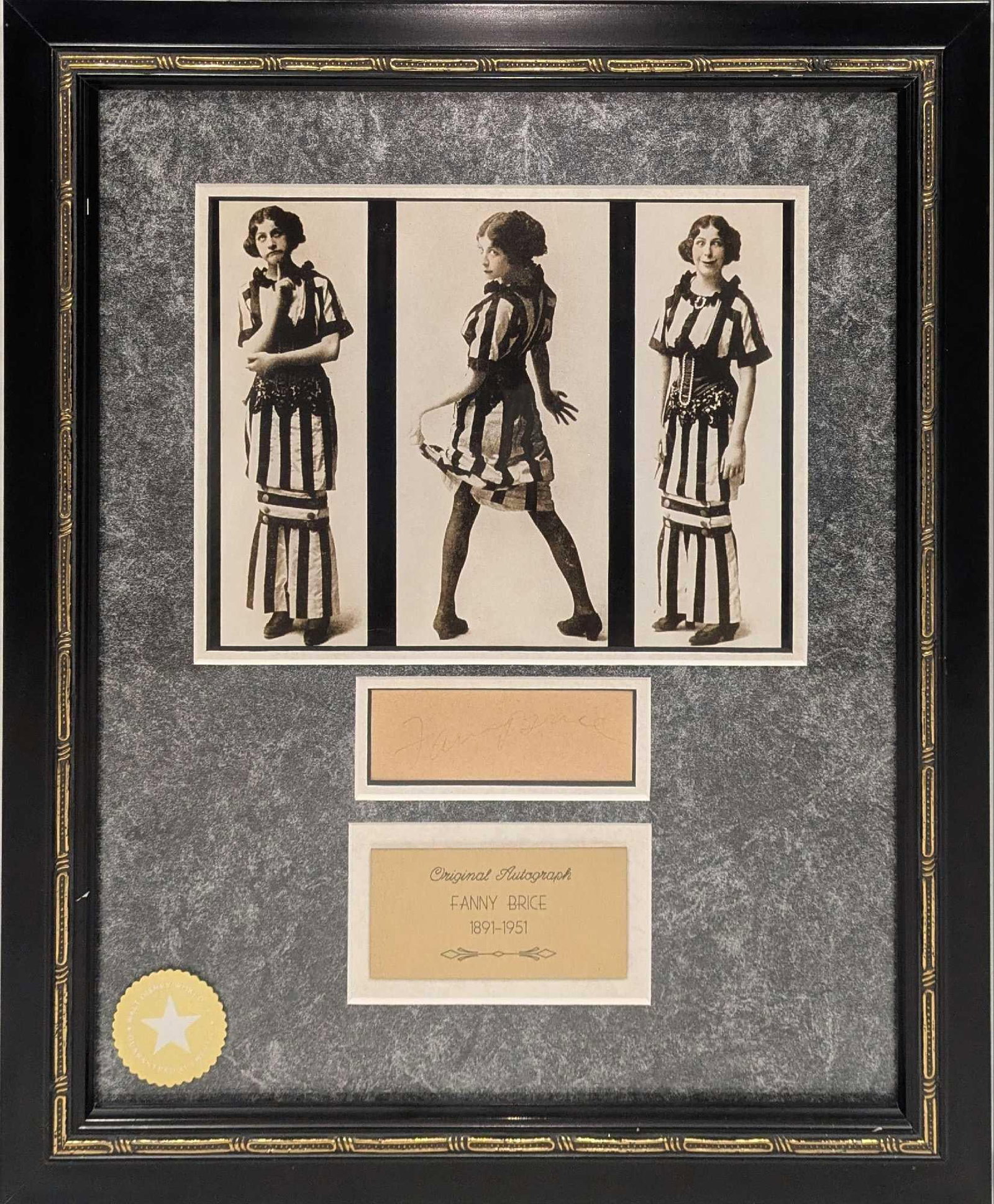 Framed Singer Actress Fanny Brice Cut Autographed Card R77: Framed Singer Actress Fanny Brice Cut Autographed Card R77. Here is an cut signature of Fanny Brice, along with being an singer, actress, comedian, model, was also the creator of the popular radi