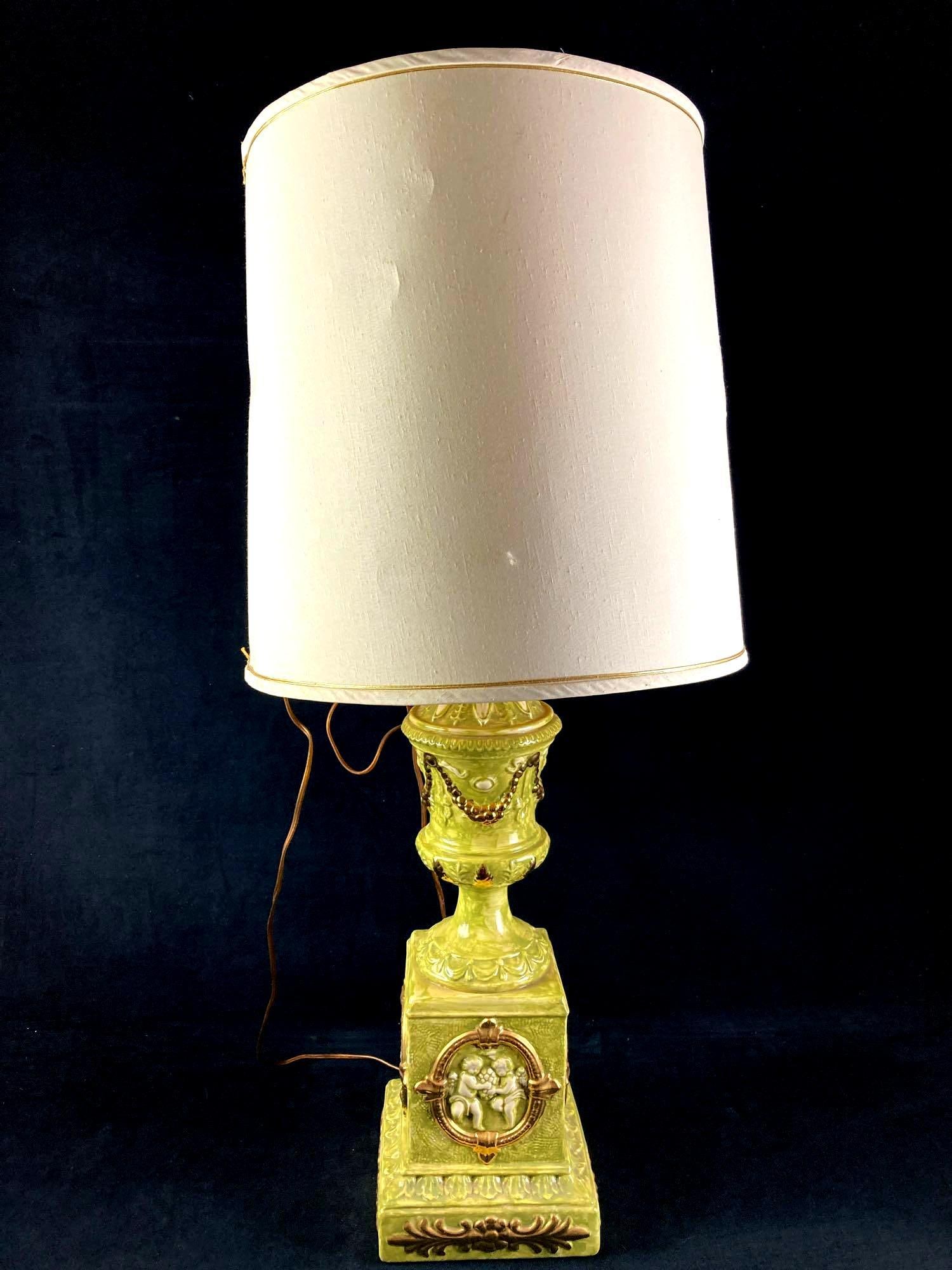 Decorative Angel Lamp: Up for auction is a recent estate find, a decorative angel lamp. The lamp base is painted green and has touches of gold with small angel motifs on all sides. This auction includes: (1) Green Decorat