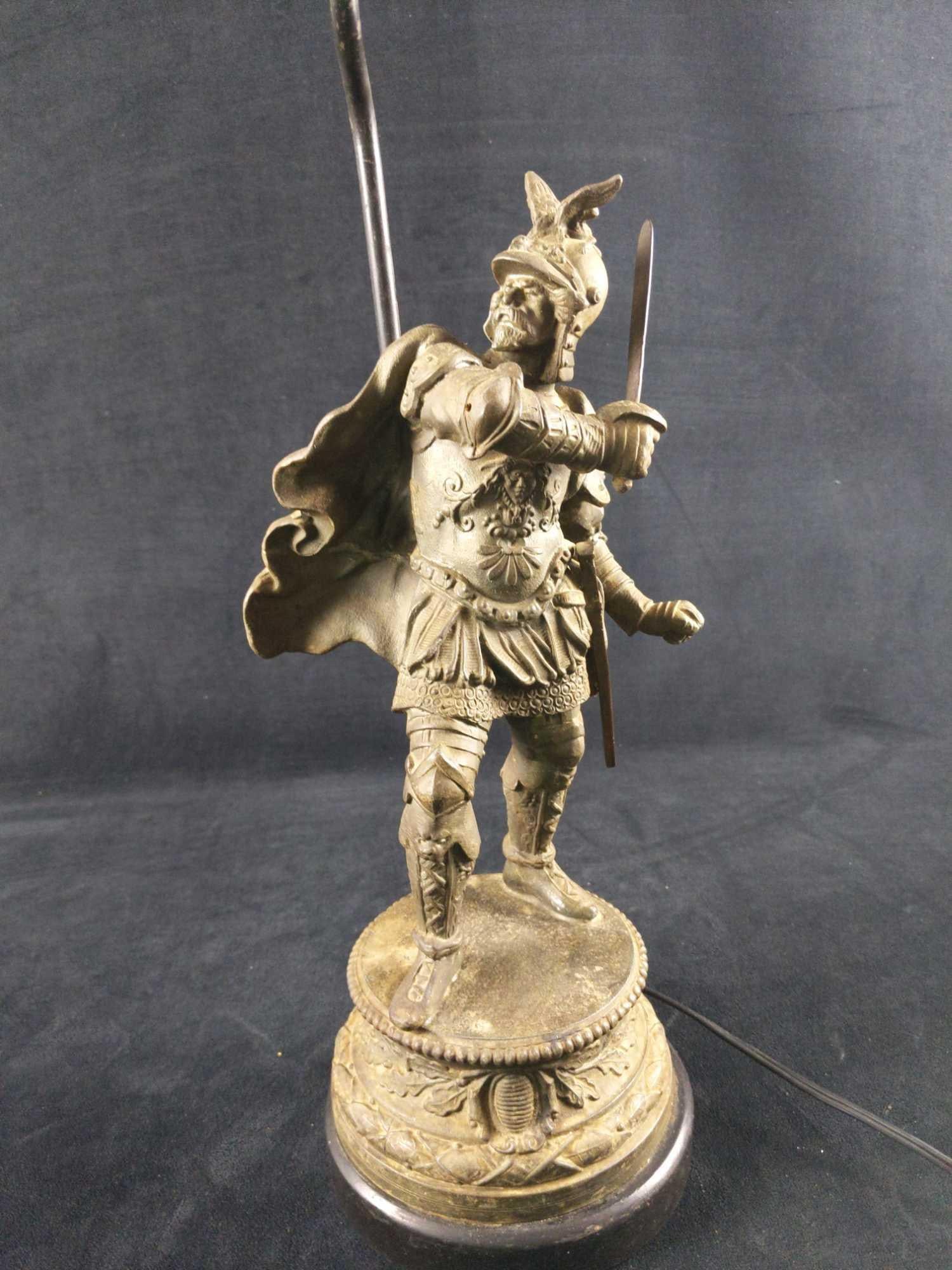 Antique Spelter Pot Metal Knight Warrior Lamp B: Here is an antique warrior statue made of spelter pot metal. These were produced from 1890 to 1919. Years later, someone converted it into a lamp. The lamp part is very loose and no longer works, so t