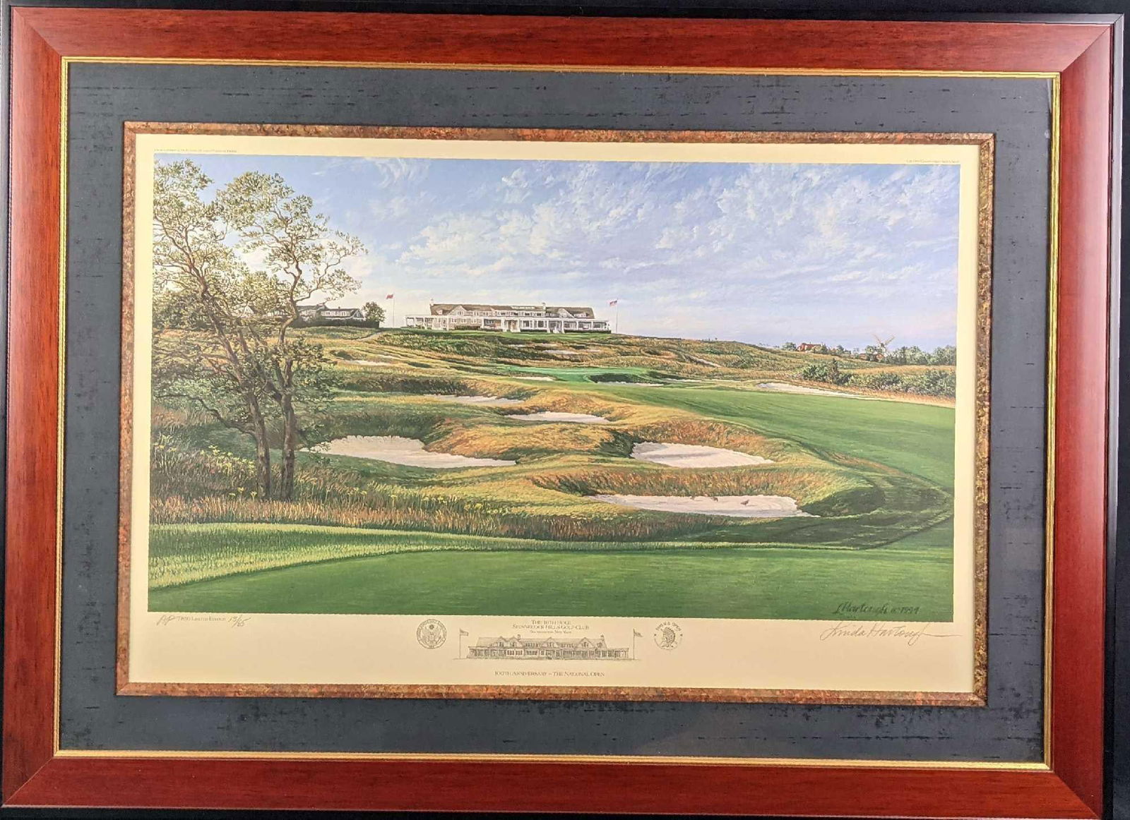 Framed Linda Hartough AP Litho 100th Anniversary The National Opening: "The 16th Hole at Shinnecock Hills Golf Club" Lithograph Artist Proof By Linda Hartough. The print is Artist Proof #13 out of #85. The framed print is approx 37" x 1" x 27" and wei