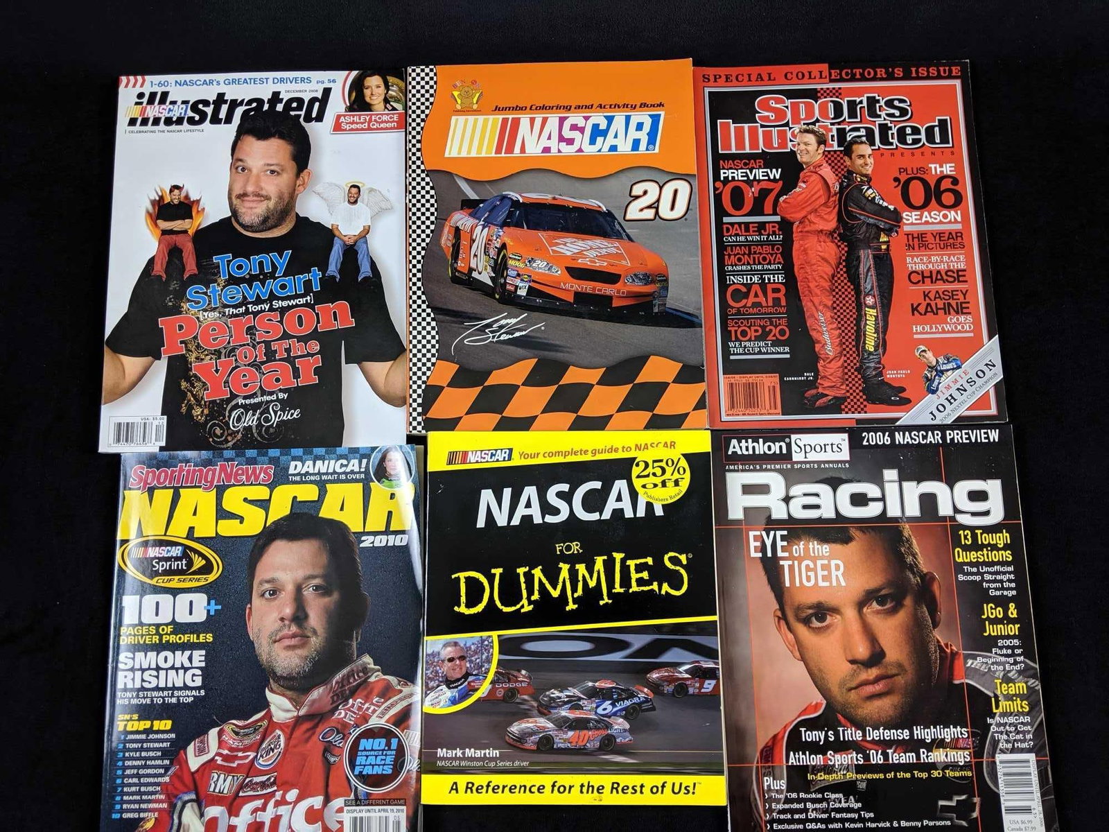 Assorted Tony Stewart Racing Magazines And Books Lot of 6: 1) NASCAR For Dummies Book. This book is in good used condition with very little signs of use and no known missing pages. Measurements for the book are 9.25" x 7.5". 1) Tony Stewart Jumbo Col